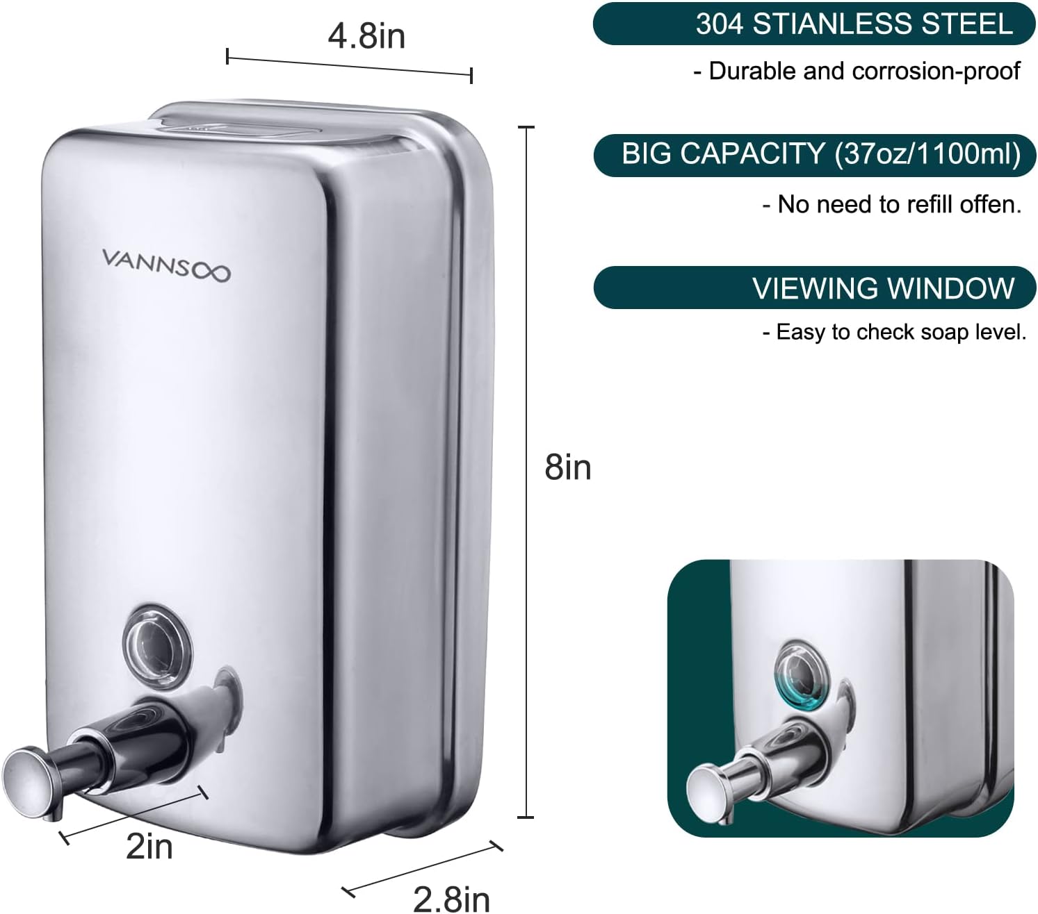 Commercial Soap Dispenser Wall Mount Stainless Steel Manual Liquid Pump Rust-Proof Leak Free for Bathroom (37 fl.oz./1100ml)