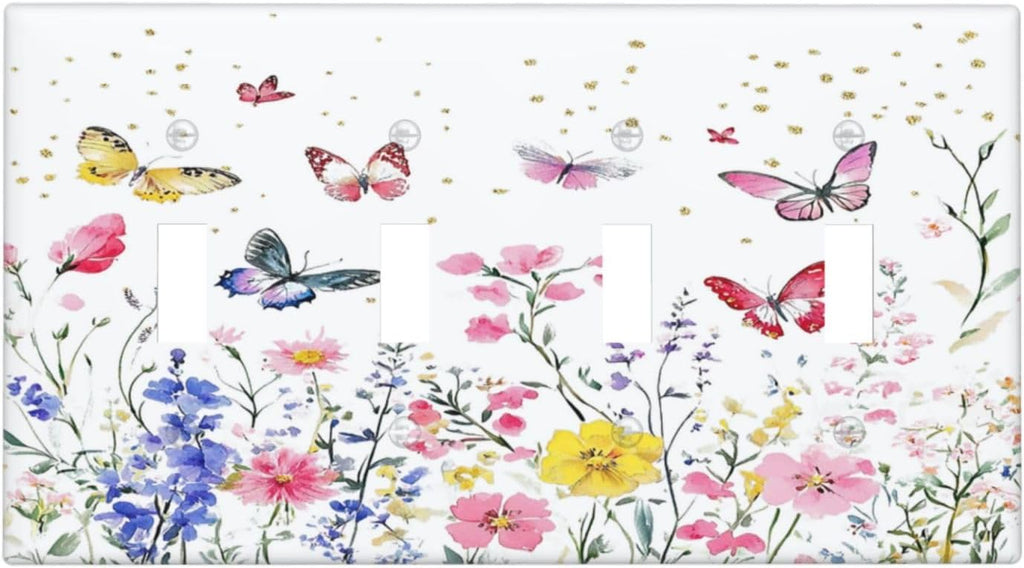 Light Switch Covers Watercolor Floral Butterfly Colorful Wildflower Quad Toggle Electrical Faceplate 4 Gang Wall Plate Decorative Switch Plates For Bed Room Living Room Decor