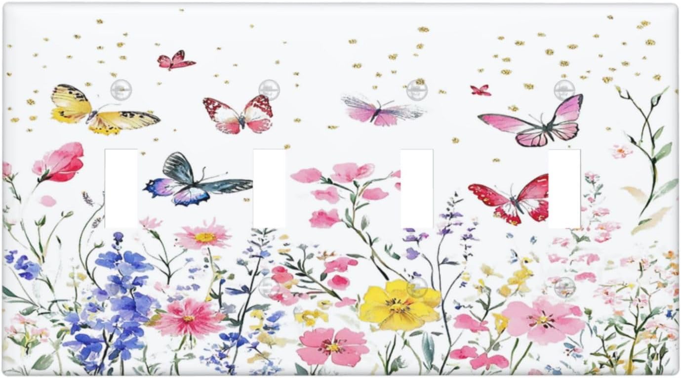 Light Switch Covers Watercolor Floral Butterfly Colorful Wildflower Quad Toggle Electrical Faceplate 4 Gang Wall Plate Decorative Switch Plates For Bed Room Living Room Decor