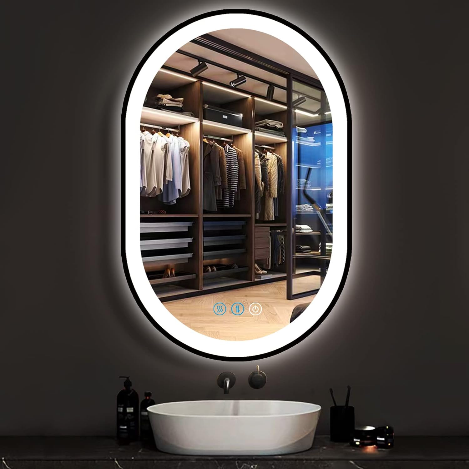 24 x 16 Inch Black Oval LED Vanity Mirror with Lights Smart Memory 3 Color Dimmable AntiFog Black Frame Oval Lighted Mirror for Bathroom Wall Horizontal Vertical Mount Ovals Light up Mirrors