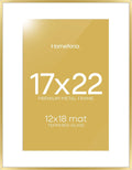 Homeforia 17x22 Picture Frame Gold, High End Metal 17x22 Poster Frames with Mat 12x18 Photo, 17 x 22 Gold Frame Matted to 12 by 18 Print, 22by17 Thin Hanging Frames, Tempered Glass, Wall Kit, Set of 1