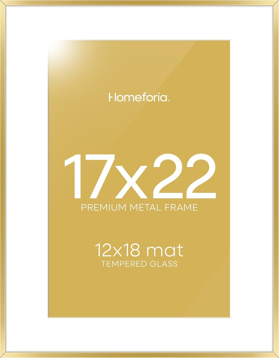 Homeforia 17x22 Picture Frame Gold, High End Metal 17x22 Poster Frames with Mat 12x18 Photo, 17 x 22 Gold Frame Matted to 12 by 18 Print, 22by17 Thin Hanging Frames, Tempered Glass, Wall Kit, Set of 1