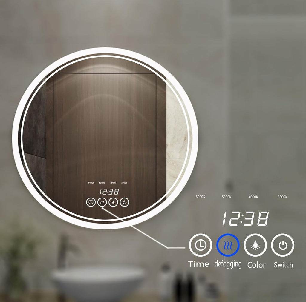 24 Inch Wall-Mounted Round Bathroom Mirror with LED-Lights - Vanity Mirrors (24" x 24",Frameless)