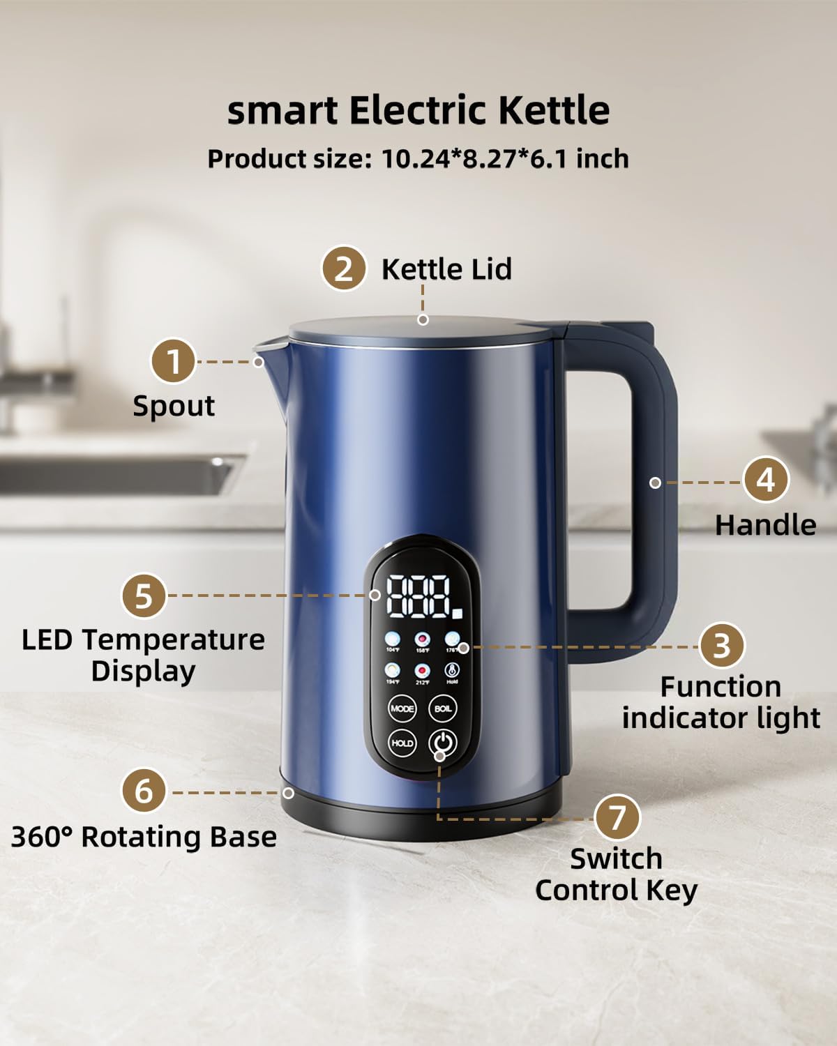 Tisania Electric Kettle with Temperature Control, Cordless Kettle 1.7L for Milk, Tea & Coffee, 5 Presets 2H Keep Warm, 304 Stainless Steel BPA-Free,Blue