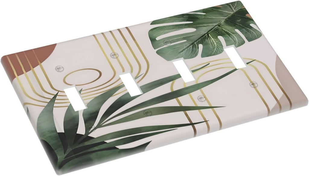 Decorative Light Switch Plate Covers Boho Mid Century Abstract Arch Green Leaves 4 Gang Light Switch Cover Plate Quad Toggle Wall Plate Outlet Covers for Bedroom Home Decor