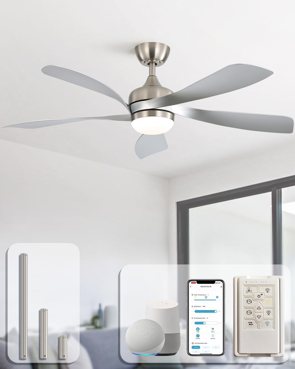 Sofucor 52" Smart Ceiling Fan, Indoor/Outdoor Ceiling Fans with Lights and Remote, Compatible with Alexa/Google/App, 3-Color Light 6-Speed Timing Reversible DC Motor for Bedroom Living Room Patio