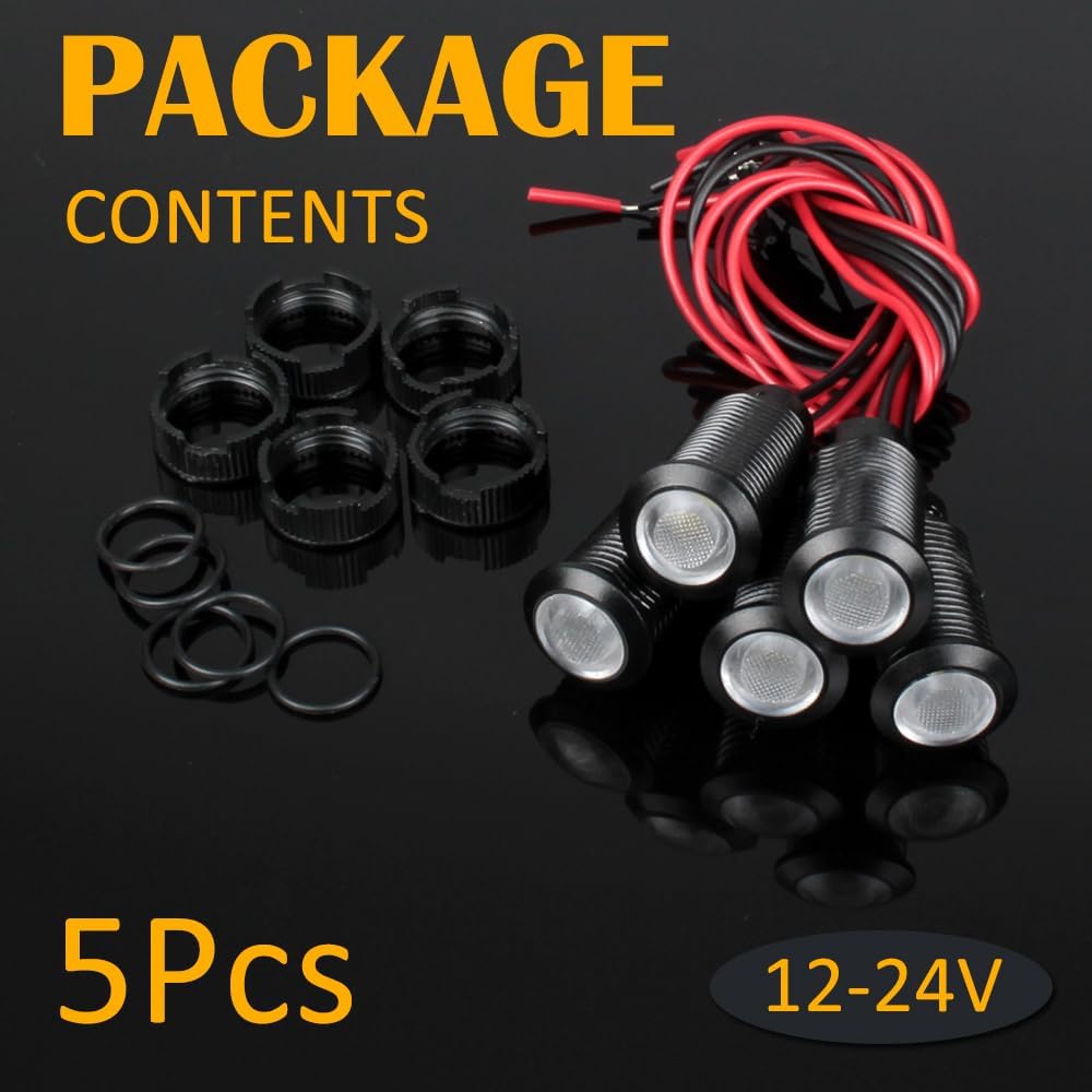 5pcs 12mm 12V-24V LED Indicator Light Plastic Black Signal Dot Lamp 12V-24V 1/2 inches Mounting Hole Size with 15cm/5.9in. Wire (White LED)