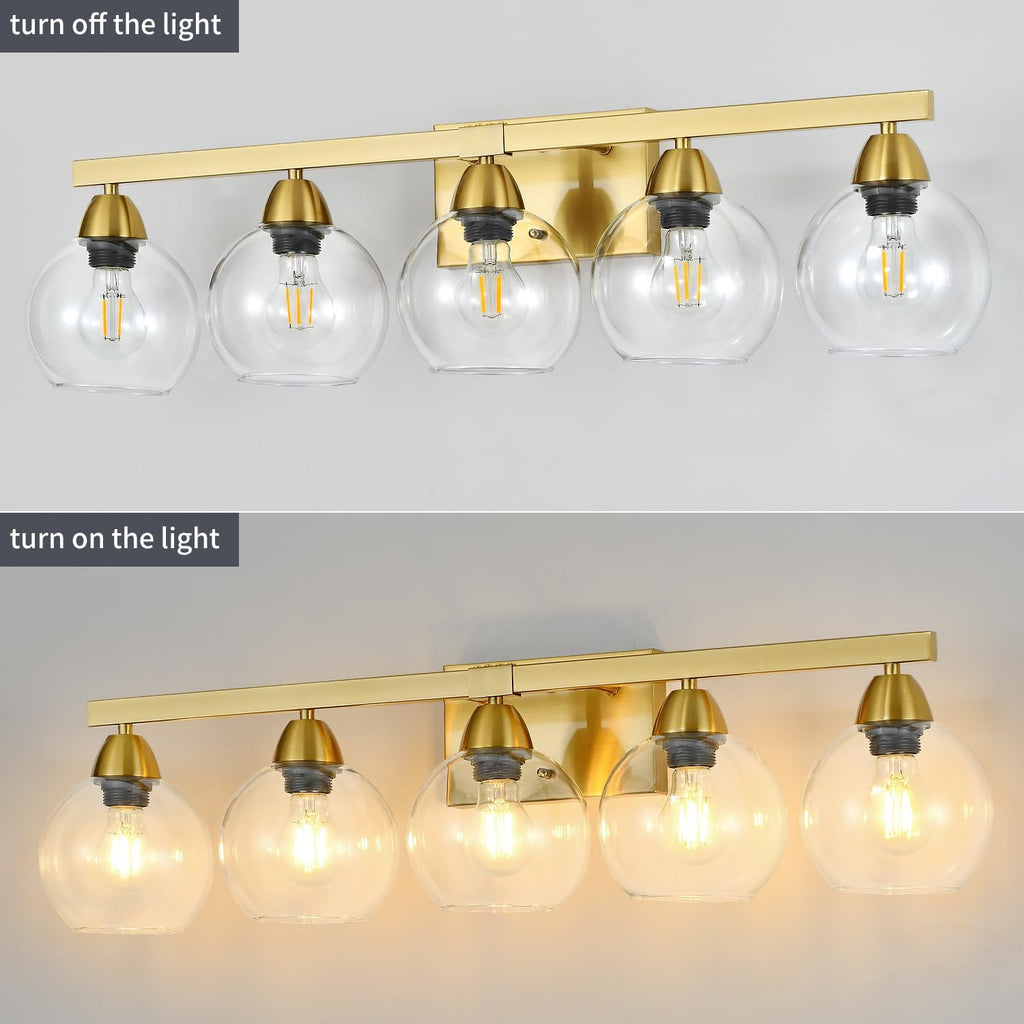5-Light Bathroom Light Fixtures, Gold Vanity Light with Ultra-Clear Hand-Blown Glass, Durable & Scratch-Resistant, Wall Lamp for Mirror, Bedroom, Hallway