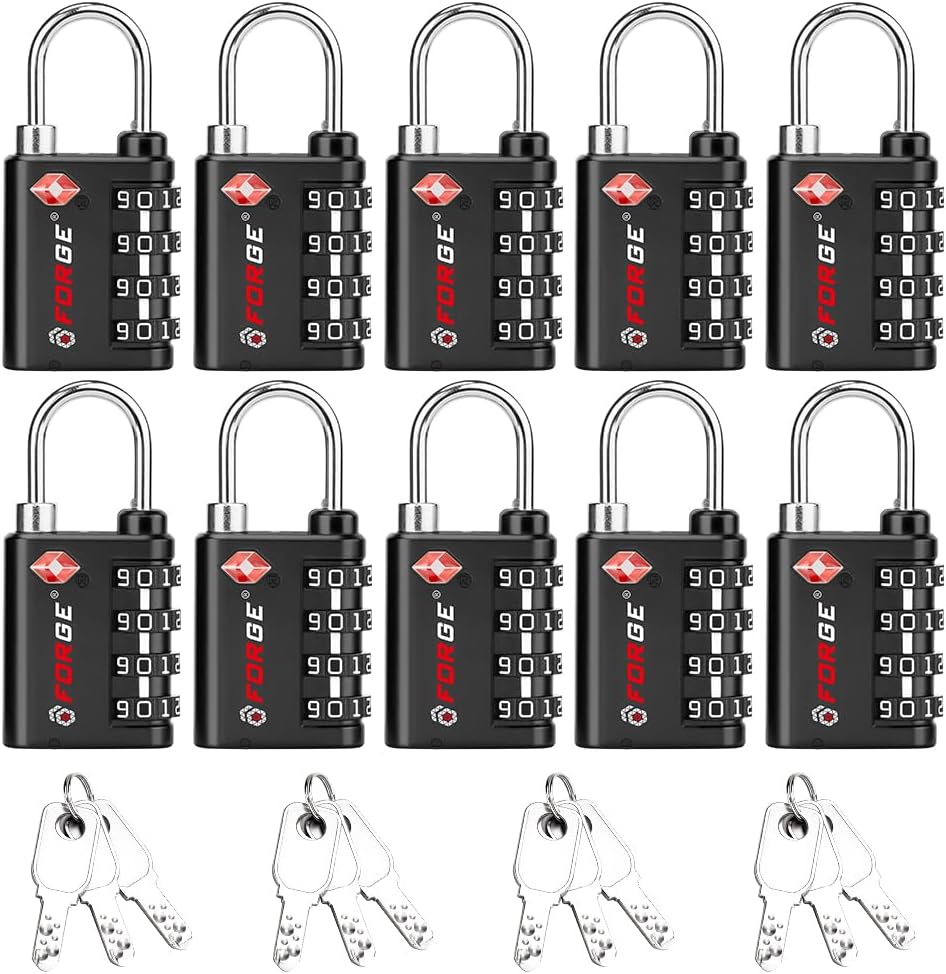 Forge Dual-Opening: Key or Combination Lock, TSA Approved Lock for Luggage, Pelican case, Travel, Gym, School, Luggage Combination Lock, Travel Bag Lock (Black 10 Pk)