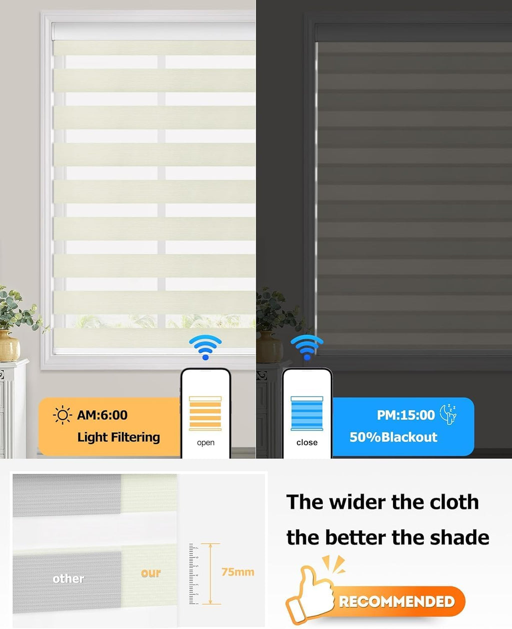 LazBlinds Motorized Zebra Roller Shades, Rechargeable Smart Blinds with Remote Control, Custom Size Light Filtering Dual Layer Roller Sheer Shades, Cream