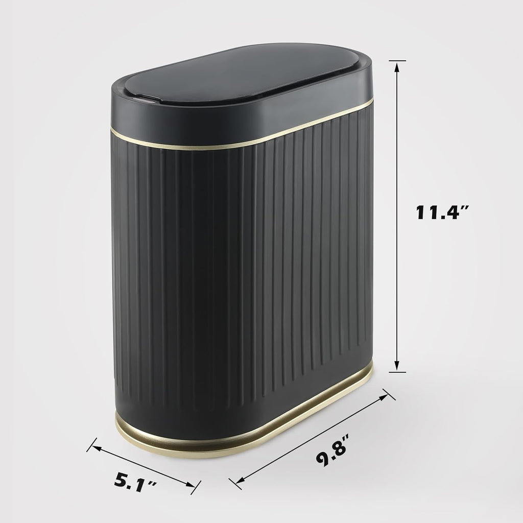 ELPHECO Bathroom Trash Can with Lid 2 Gallon Motion Sensor Garbage Can 7.5 Liter Small Trash can Touchless Bathroom Decor Waterproof Smart Waste Bin with Stripes for Bedroom, Office (Black-Golden)