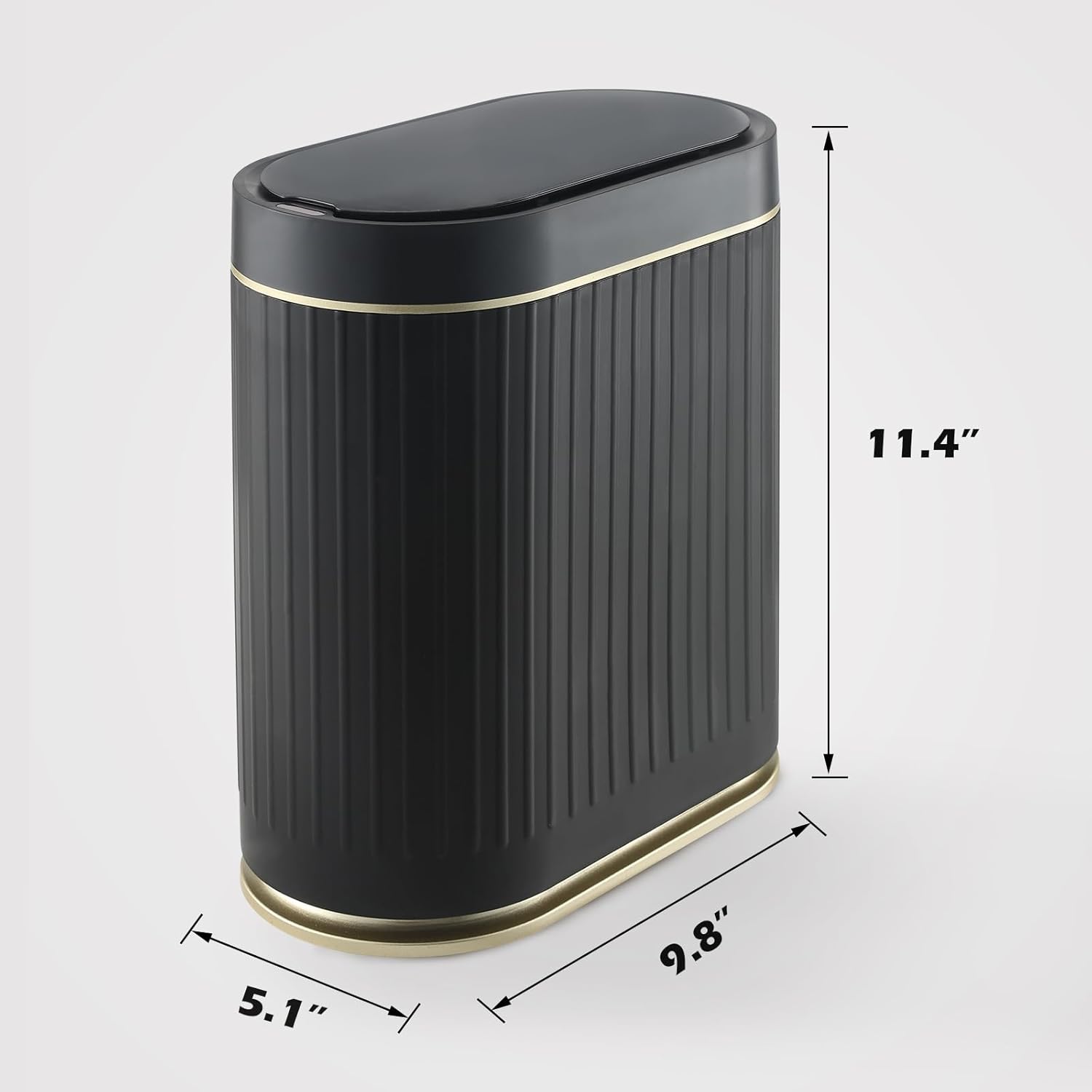 ELPHECO Bathroom Trash Can with Lid 2 Gallon Motion Sensor Garbage Can 7.5 Liter Small Trash can Touchless Bathroom Decor Waterproof Smart Waste Bin with Stripes for Bedroom, Office (Black-Golden)