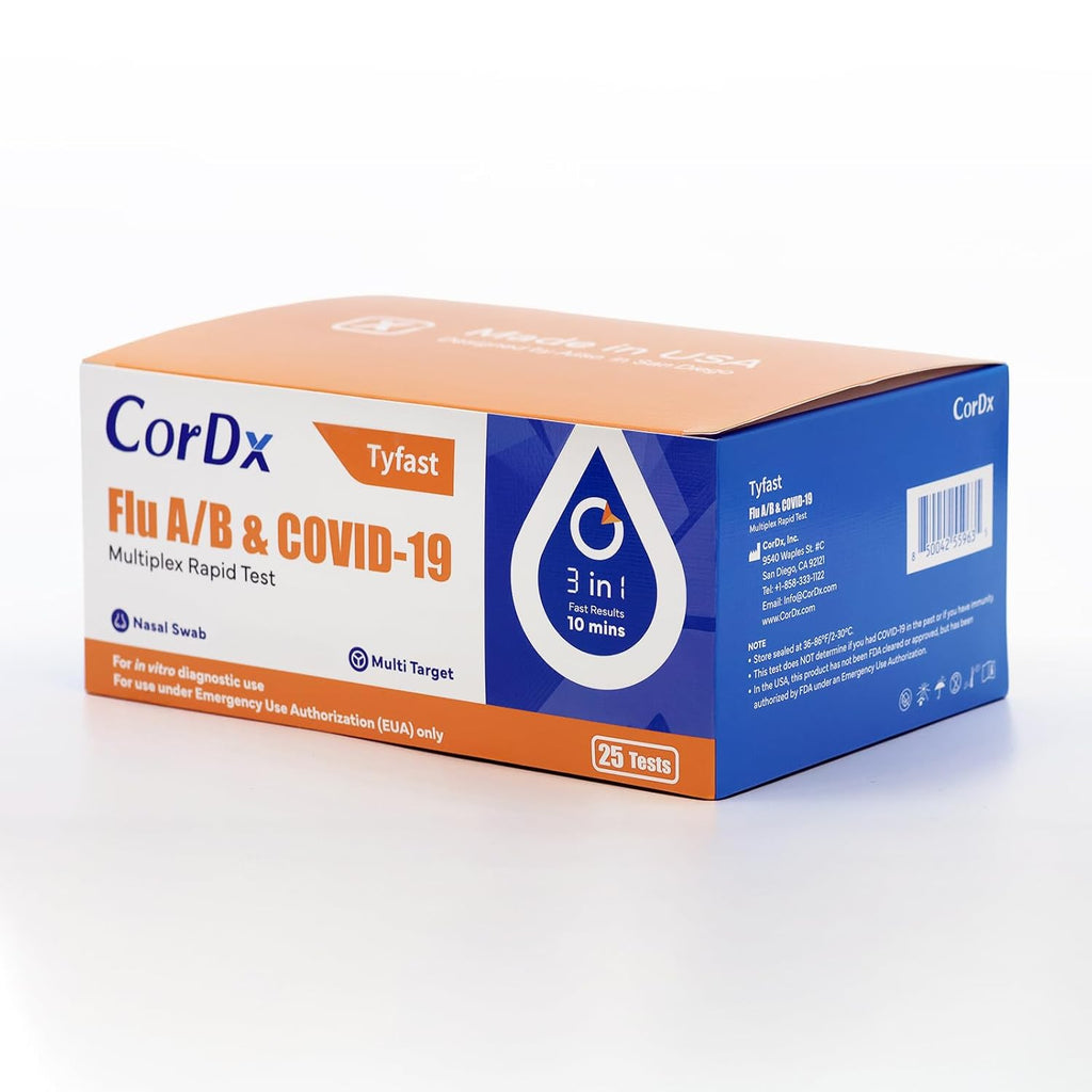 CorDx Tyfast At Home Flu A/B and COVID 19 Multiplex Rapid Test, Easy Nasal Swab, Fast Results in 10 Minutes, 25 Tests