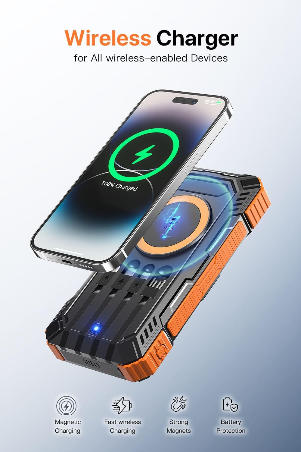 Solar Power Bank 49800mAh Wireless Portable Charger with USB-C 15W Fast Charging with 4 Built-in Cables LED Flashlight Battery Pack Compatible with iPhone, iPad, Smartphone,Perfect for Camping, Hiking