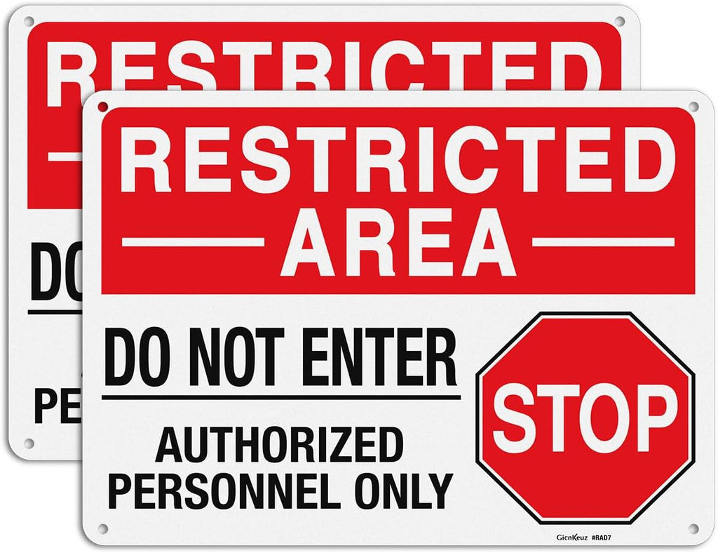 GicnKeuz "Restricted Area - Do Not Enter, Authorized Personnel Only" Metal Signs, 10 x 7 Inches Reflective Aluminum Signs, Fade Resistant/Waterproof, Easy to Install, Outdoor Use (2-Pack)