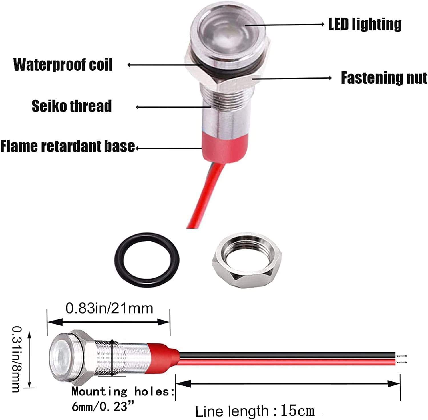 10pcs 6mm 1/4" AC/DC 12-24V LED Metal Indicator Light Pilot Dash Directional with Wire Waterproof Signal Lamp(White)