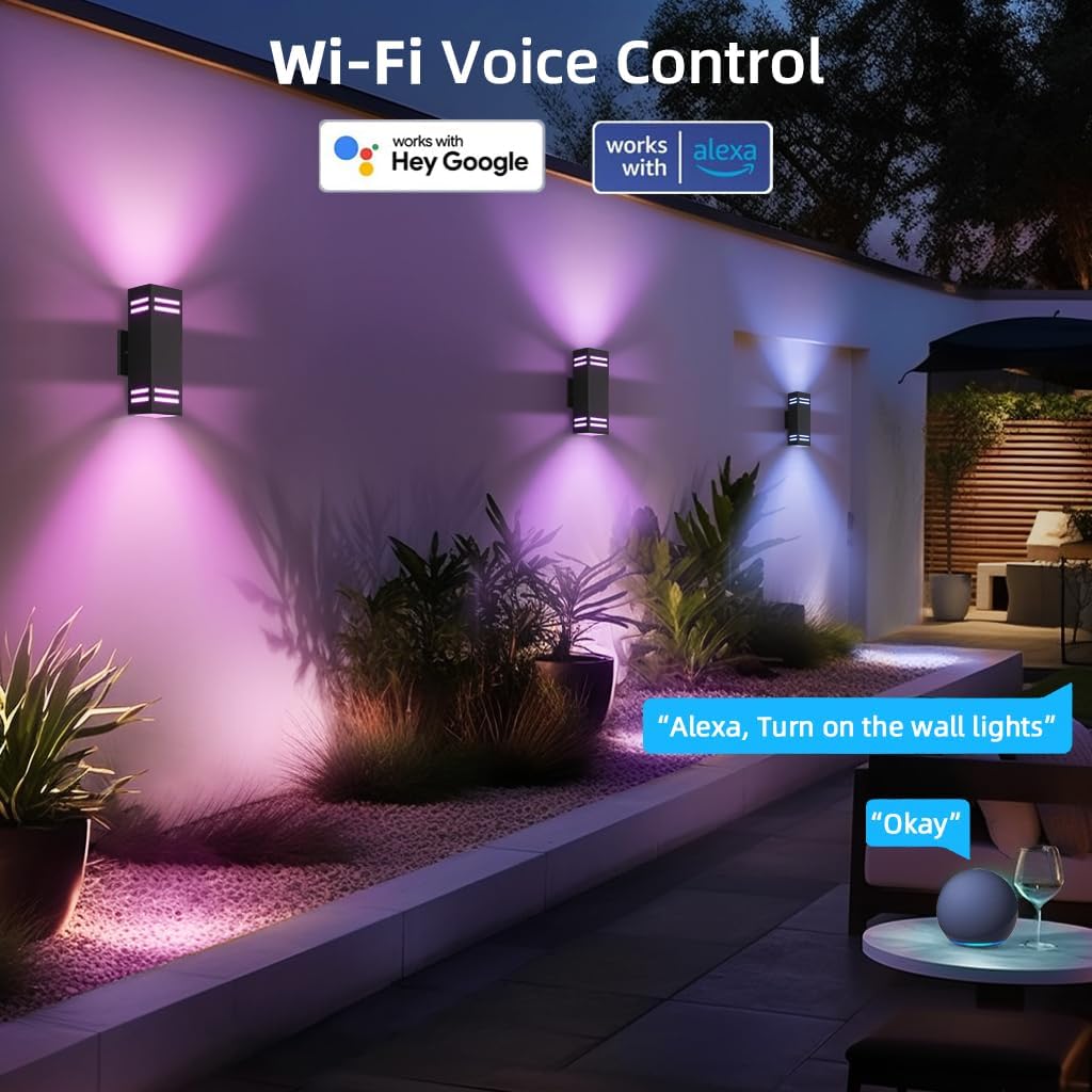 KIZON Modern Smart Porch Lights RGBCW, Dusk to Dawn Outdoor Lights Color Changing App Control with Remote, Dimmable WiFi Up and Down Lights Outdoor Sconce for House Theater Garage, ETL Listed, 2 Pack
