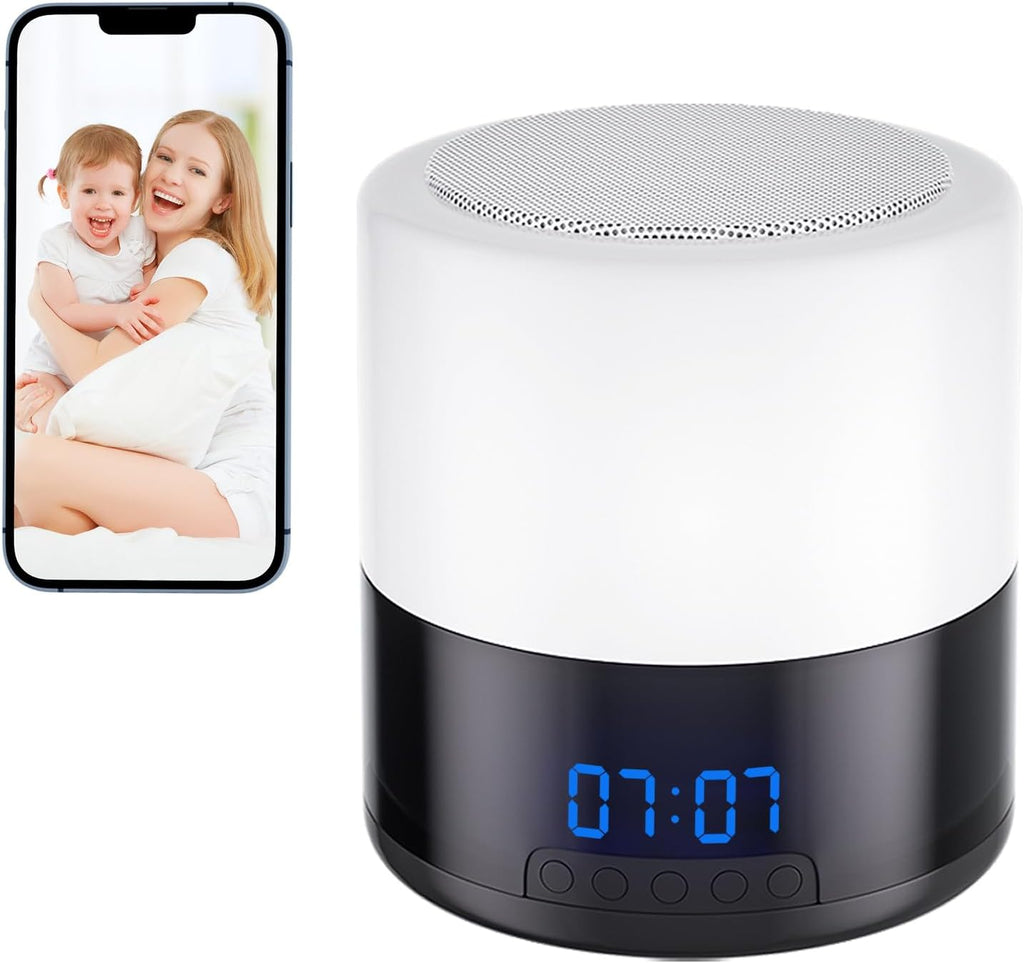 Security Camera Indoor for Home - Bluetooth Speaker - Homekit Camera - 1080P Clock Camera with 160°Rotating Viewing Angle - Night Light - AI Motion Detection