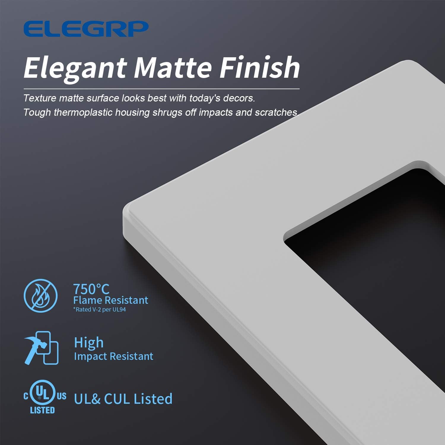 ELEGRP Matte White 1-Gang Screwless Decorative Wall Plates, Standard Size Unbreakable Thermoplastic Faceplate Cover for Decorator Receptacle Outlet Switch, UL Listed (100 Pack)