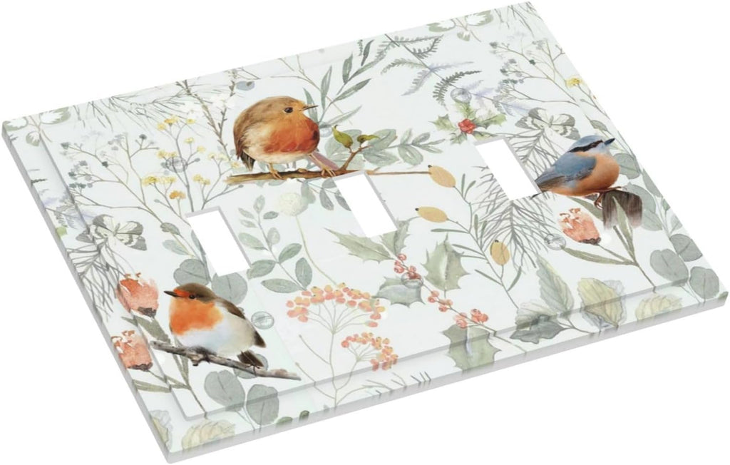 Decorative Switch Plates Red Floral Berries Colorful Bird Plant 3 Gang Wall Plate Triple Toggle Light Switch Cover Faceplate Electrical Wall Panels For Bed Room Living Room Decor