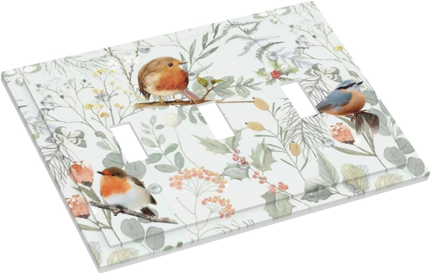 Decorative Switch Plates Red Floral Berries Colorful Bird Plant 3 Gang Wall Plate Triple Toggle Light Switch Cover Faceplate Electrical Wall Panels For Bed Room Living Room Decor