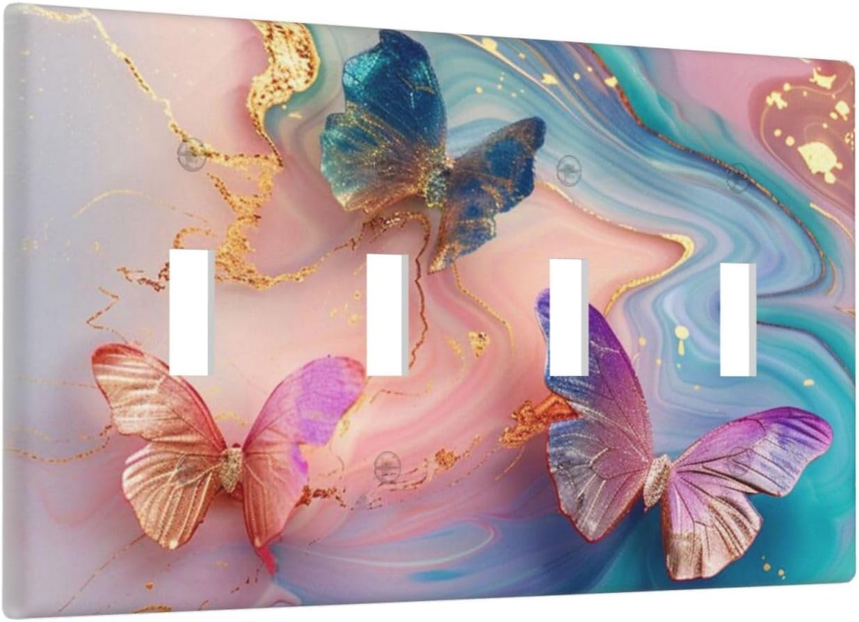 Colorful Marble Butterfly Gold Glitter Abstract Print Light Switch Covers Quad Toggle Electrical Faceplate 4 Gang Wall Plate Decorative Switch Plates for Bed Room Living Room Decor