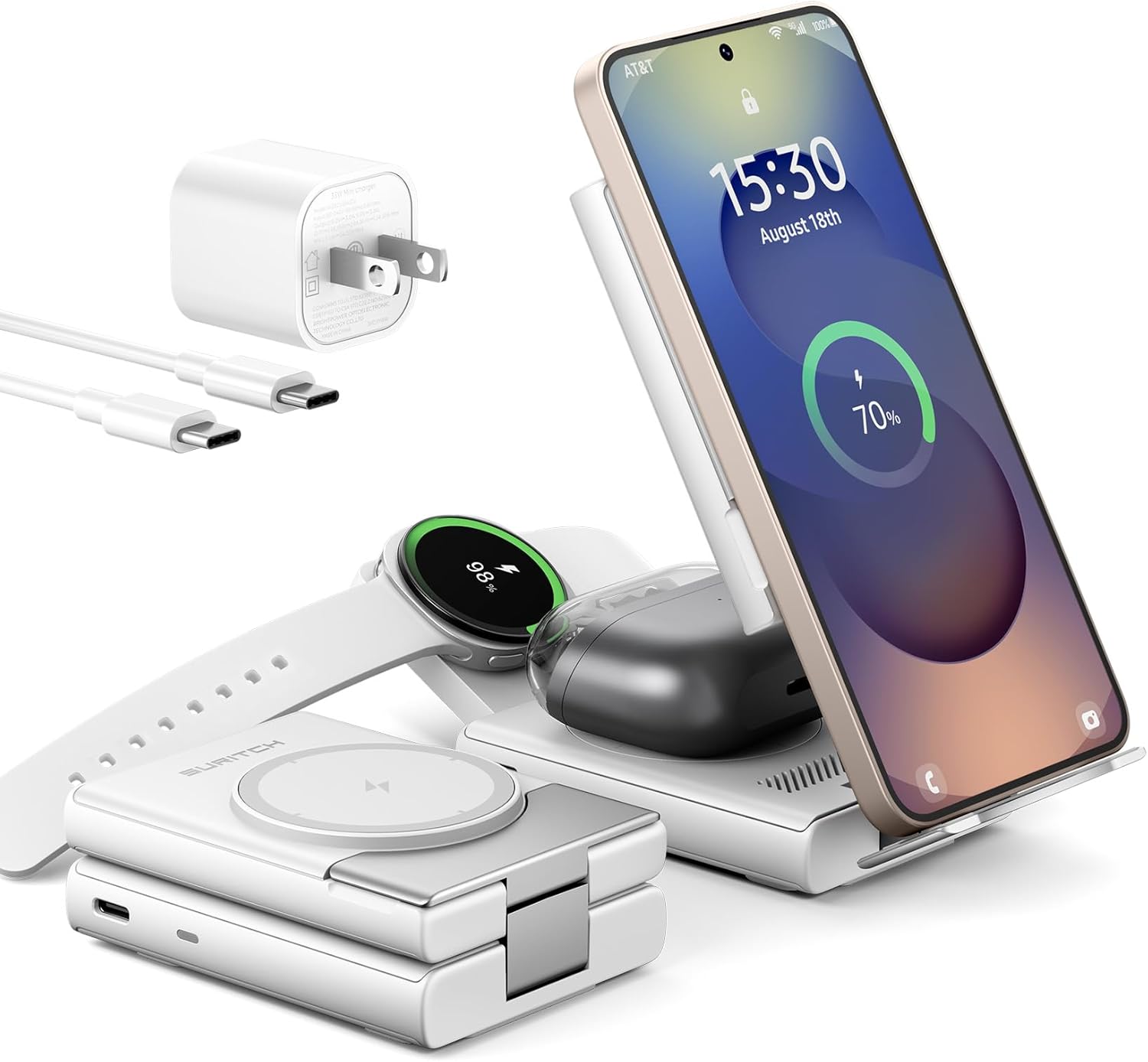 SURITCH for Samsung 3-in-1 Wireless Charging Station, 15W Ultra-Compact Chargers Foldable Charging Dock Stand for Galaxy S25 S24 S23 S22 S21 Z Fold/Z Flip, Galaxy Watch 8/7/6/5/4/3, Galaxy Buds, White