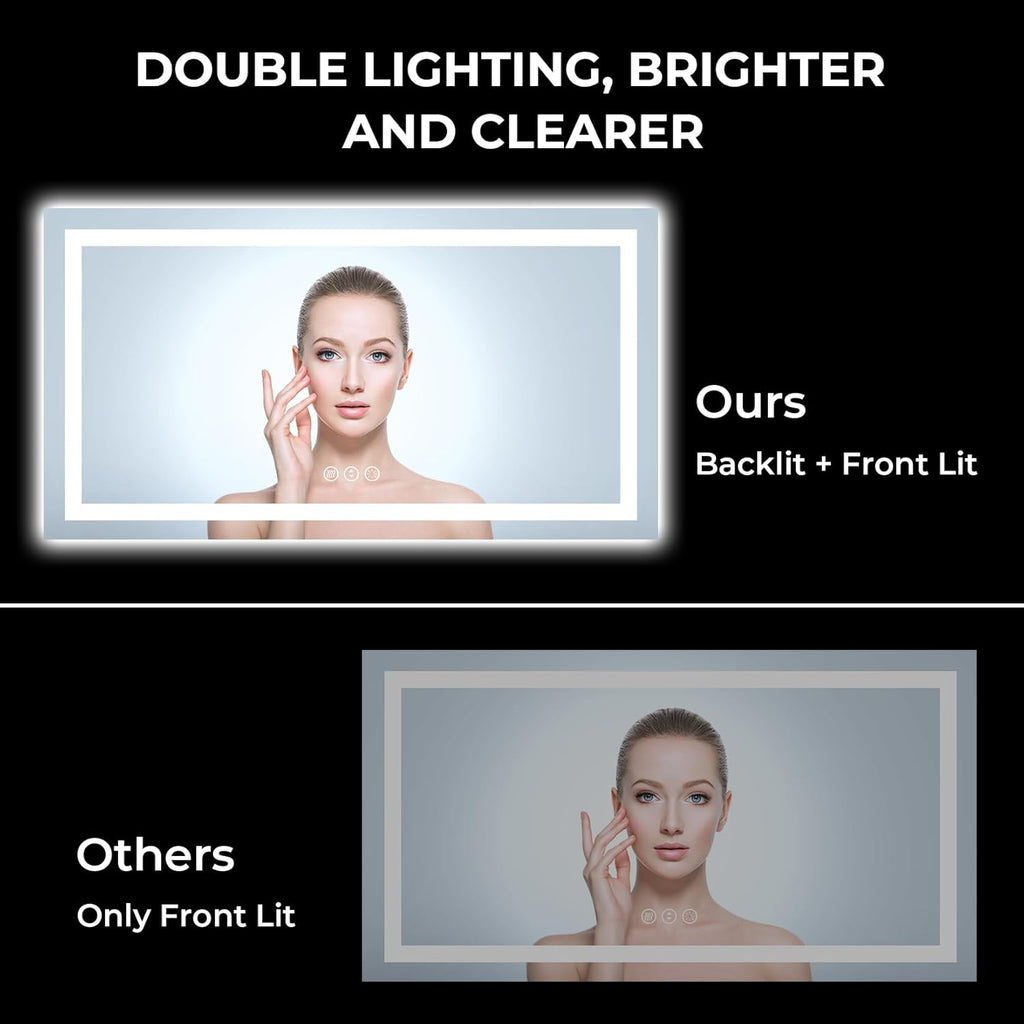 55x30 Inch LED Bathroom Mirror with Lights Front and Backlit Lighted Vanity Mirror for Bathroom Wall with 3 Colors Dimmable Anti-Fog Memory Shatter-Proof IP54 Waterproof Horizontal/Vertical