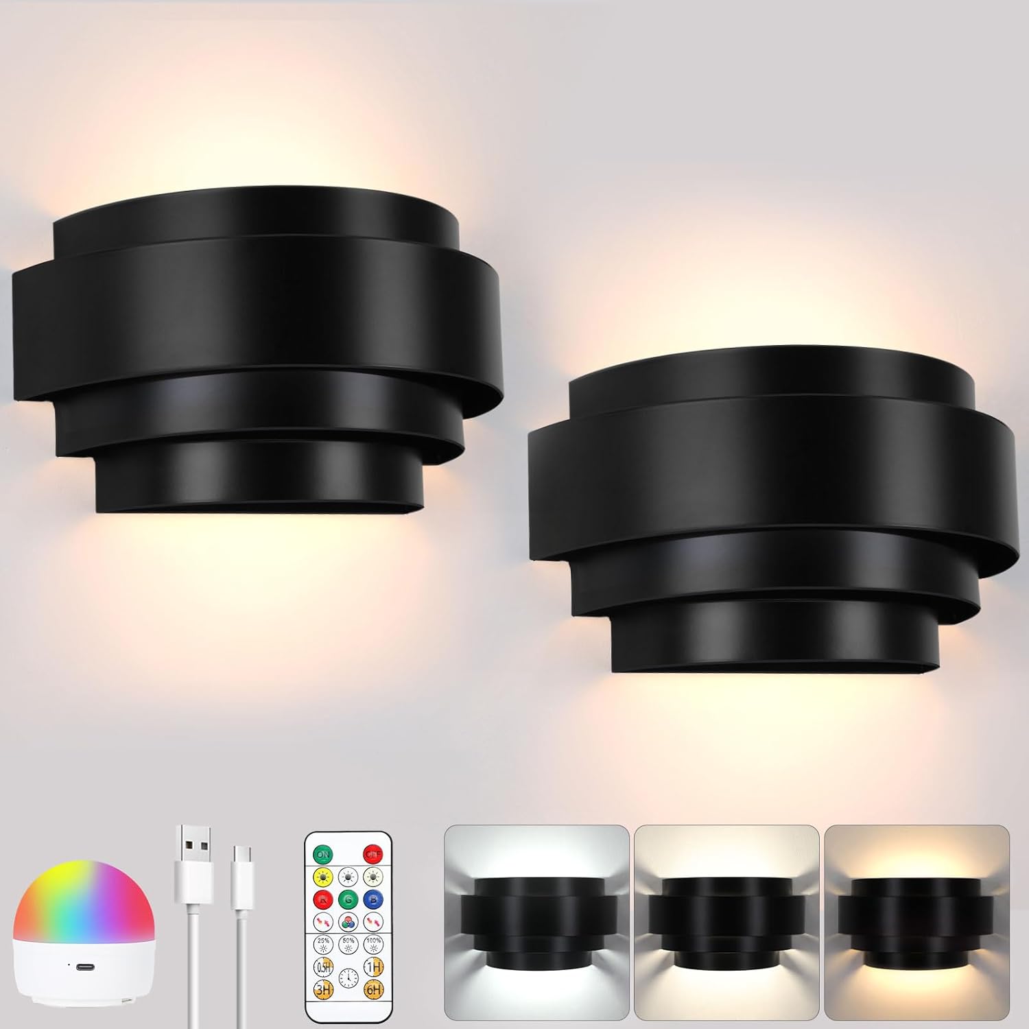 Lightess Wall Sconces Set of 2, Rechargeable Wall Lights with Remote and RGB Bulbs, Black Battery Powered Wall Sconce for Bedroom Living Room Hallway