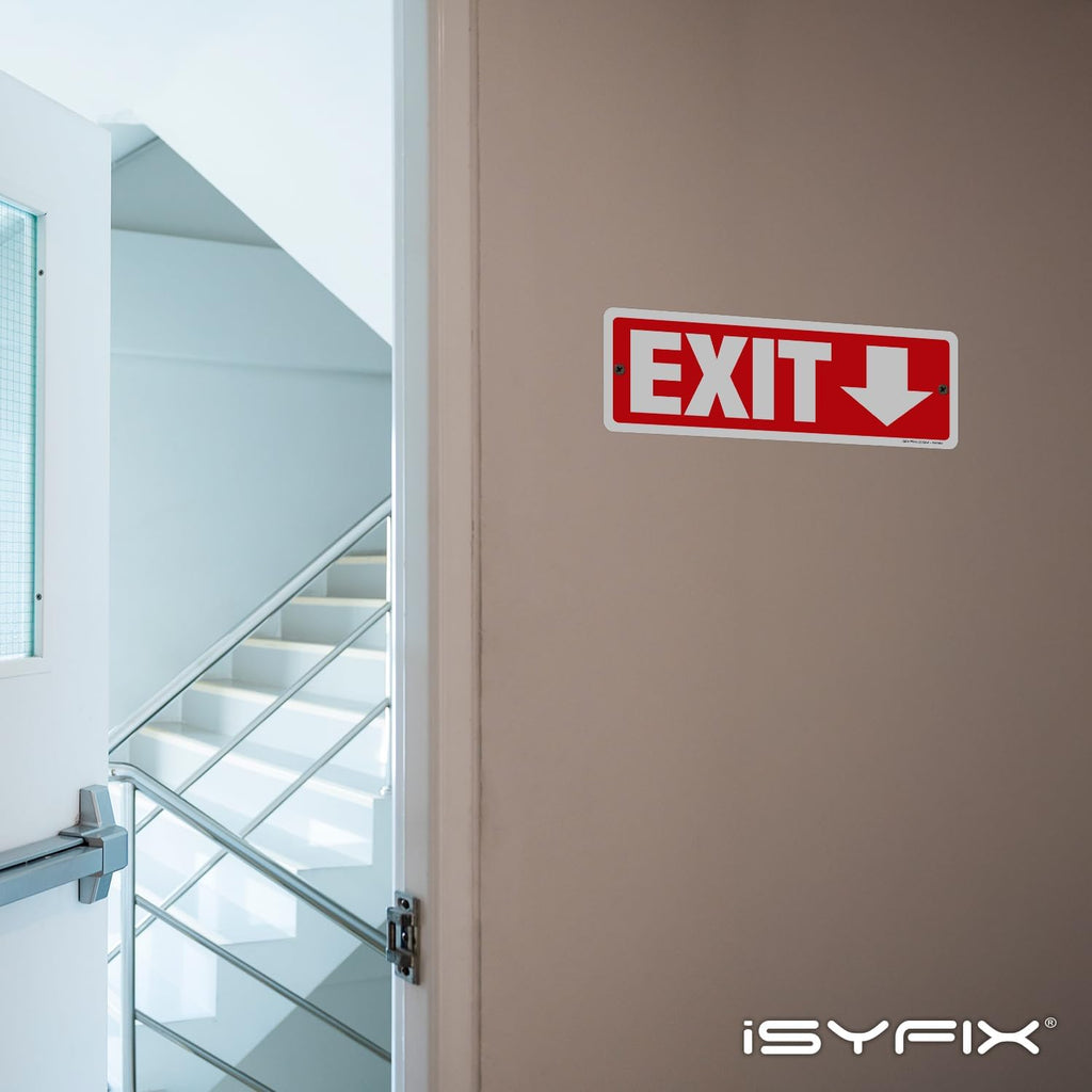 iSYFIX Exit Signs 12 Pack 12x4 Inch with Directional Down Arrows - Rust Free Aluminum, Laminated for UV, Weather, Scratch Resistance - Ideal for Offices, Schools, Theaters, Restaurants