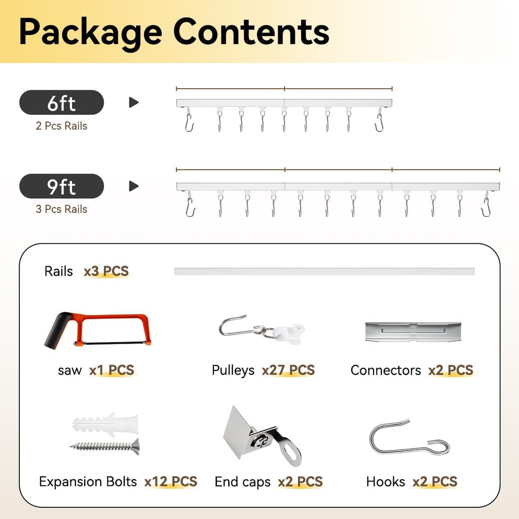 Curtain Track, Ceiling Curtain Track for Room Divider, Ceiling Mount Rail Set with Roller Hooks, White, 6ft - 9ft