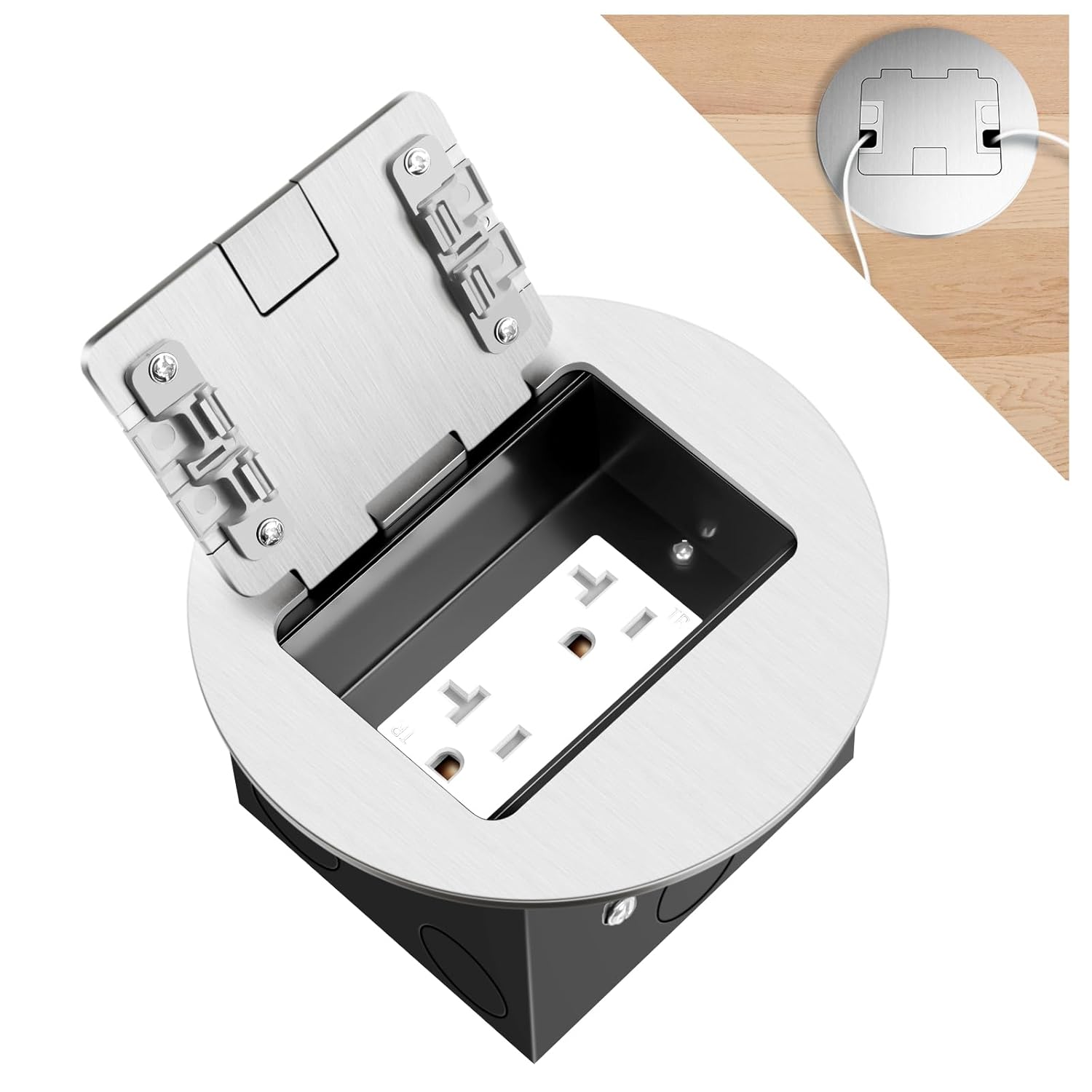 Vagueior Recessed Floor Electrical Outlet Kit, Circular Hidden Duplex 20A Tamper-Resistant Receptacle Outlet ，Waterproof Electrical Outlet Covcer Box, UL Certified,Silver（1 Pack