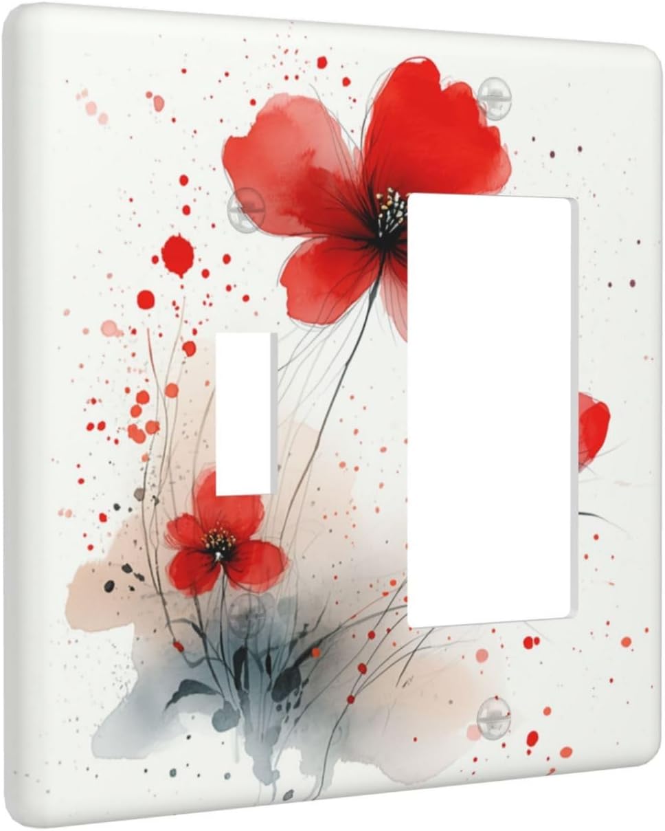 Vintage Watercolor Red Flowers Floral Outlet Covers 1 Toggle 1 Rocker Combination Light Switch Cover Plate Decorative Wall Plate Electrical Switch Plates for Bedroom Bathroom Decor
