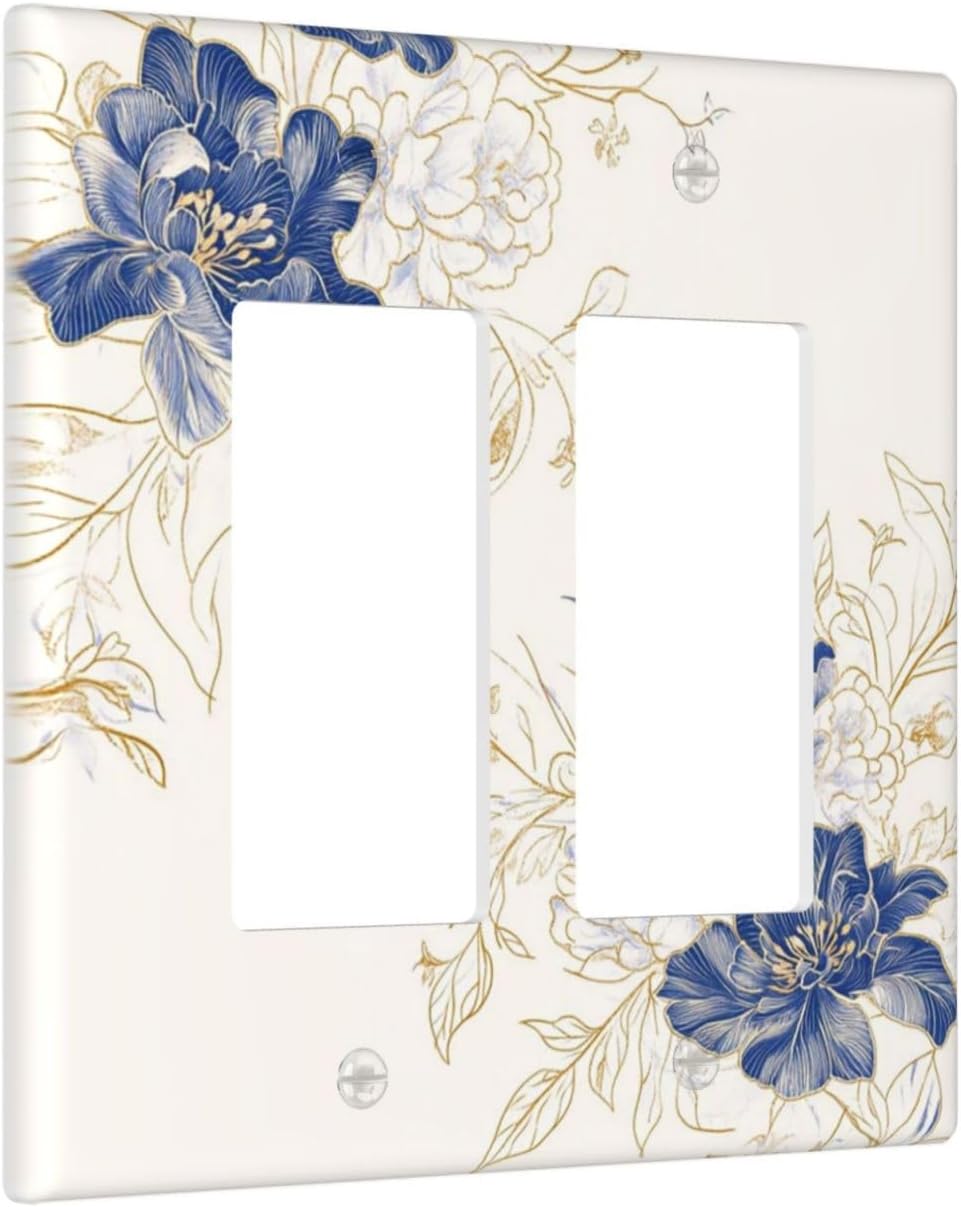 Decorative Outlet Covers Rustic Blue Flower Floral Gold Leaf 2 Gang Light Switch Cover Plate Double Rocker Wall Plates for Electrical Outlets Switch Plate Covers for Bedroom Home Decor