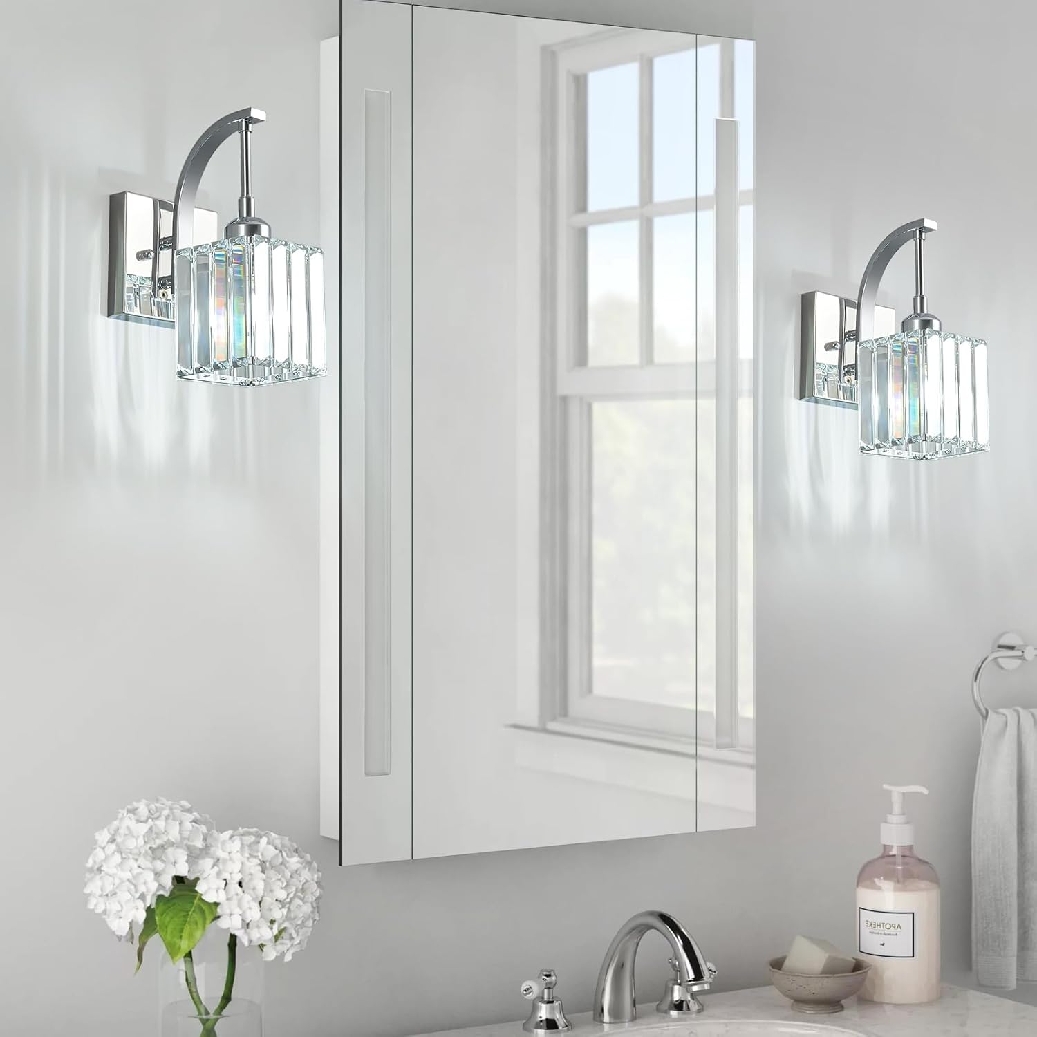 Wall Sconces, Set of 2 Chrome Crystal Vanity Lights, Modern Wall Lamp for Bathroom, Hallway, and Makeup, Easy Installation