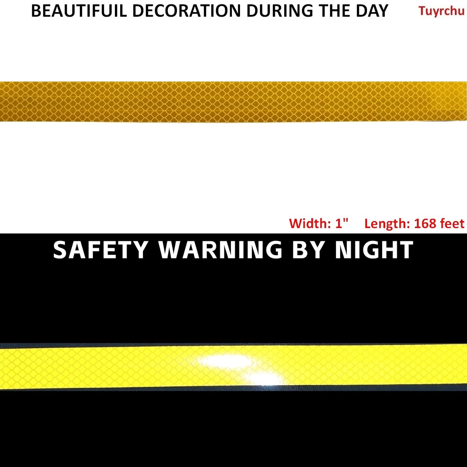 Non Fading Yellow Reflective Tape 1 inch Wide, Outdoor Waterproof High Visibility Warning Industrial Marking Tape, Safety Stickers (168 feet)