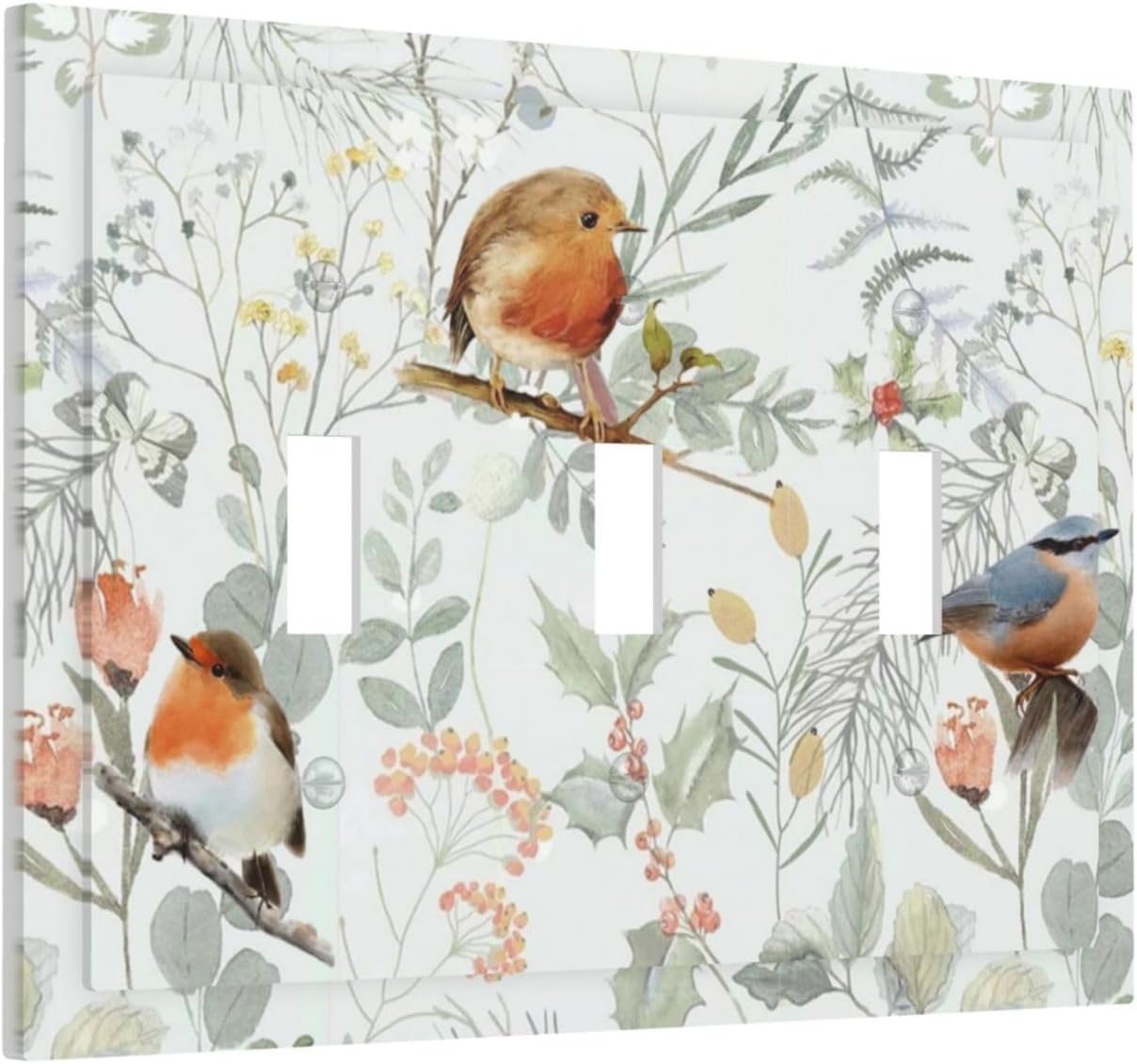 Decorative Switch Plates Red Floral Berries Colorful Bird Plant 3 Gang Wall Plate Triple Toggle Light Switch Cover Faceplate Electrical Wall Panels For Bed Room Living Room Decor