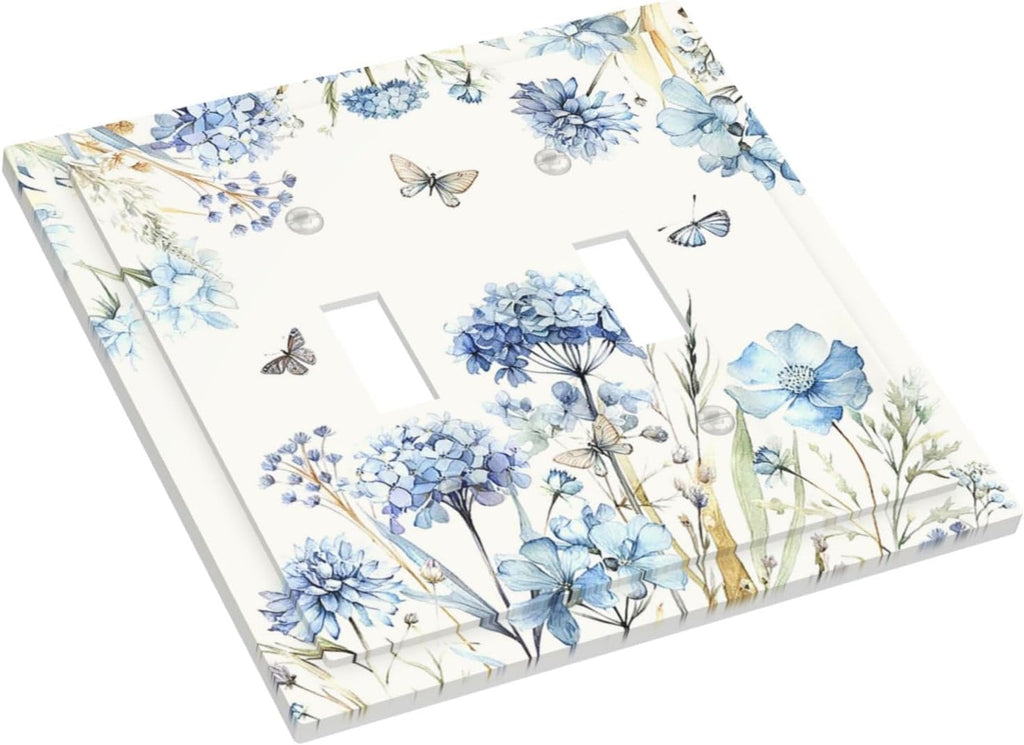 Decorative Switch Plates Blue Floral Hydrangea Plants 2 Gang Double Toggle Wall Plate Outlet Light Switch Cover Electrical Faceplate for Bedroom Home Decor