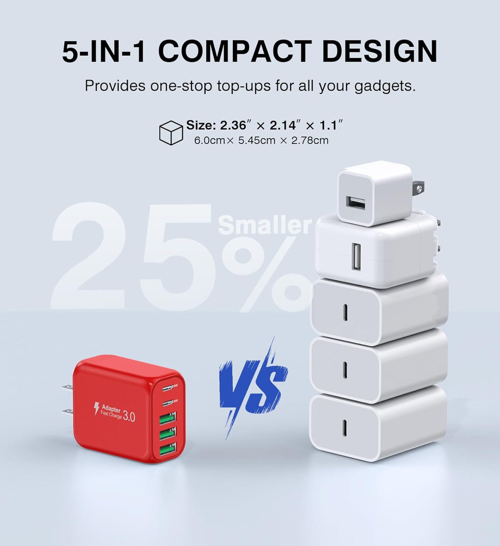 60W USB C Wall Charger, 2Pack 5-Port C Charger Fast Charging Block PD Power Adapter +QC 3.0 Multiport Type C Box Brick Cube USB A Wall Plug for iPhone 14/15/16/17 Pro Max, iPad,Samsung Galaxy(Red)