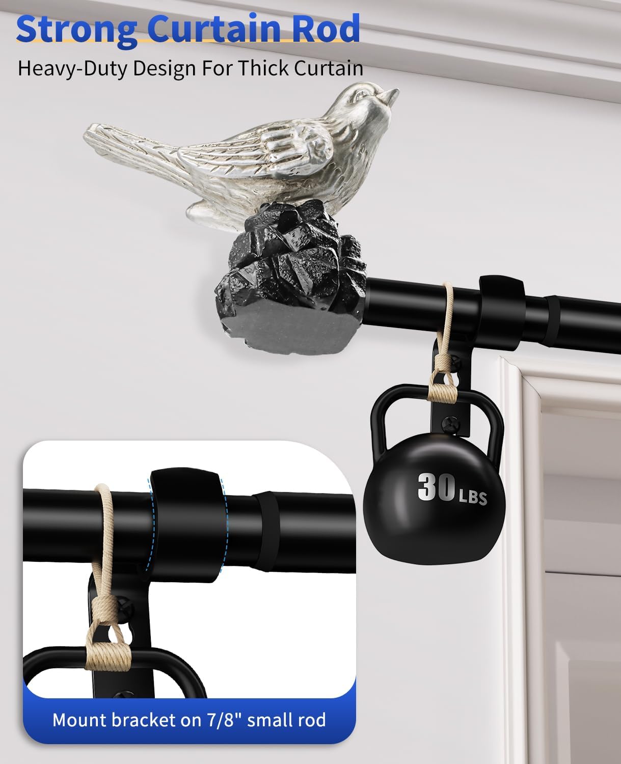 Vintage Pewter Curtain Rod 36 to 120 Inches Curtain Rods for Windows Adjustable Heavy Duty Drapery Rod with Bird Finials for Living Room Bedroom