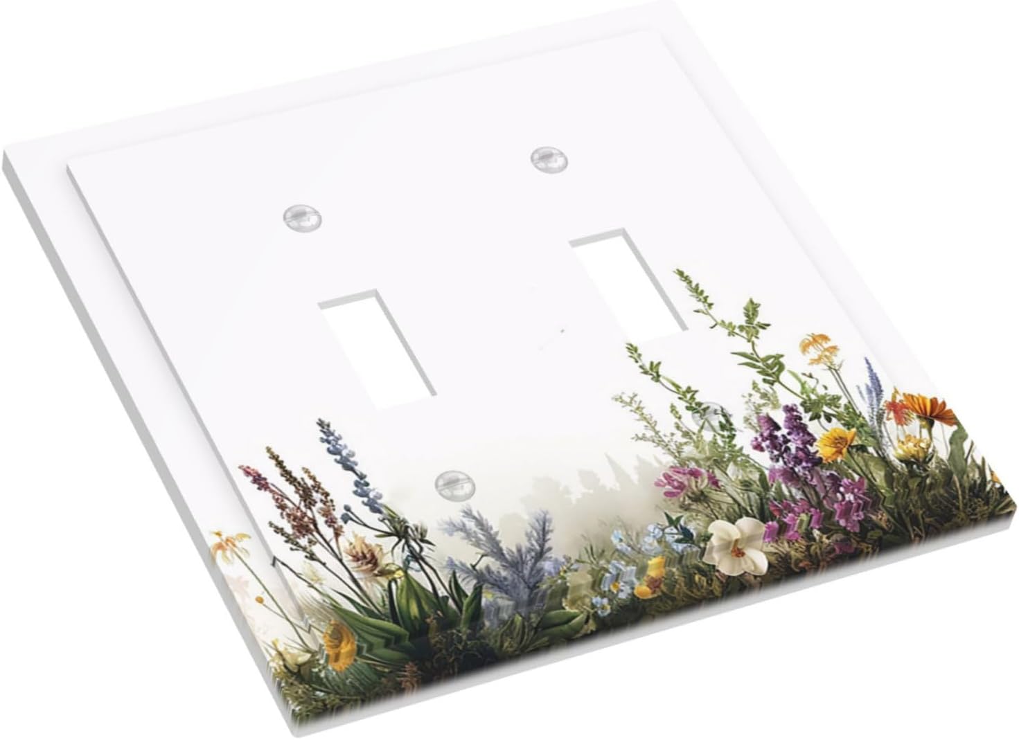Decorative Switch Plate Covers White Background Colorful Flowers Plants Green Leaves 2 Gang Double Toggle Light Switch Cover Plate Electrical Wall Plate Outlet Cover for Bedroom Home Decor