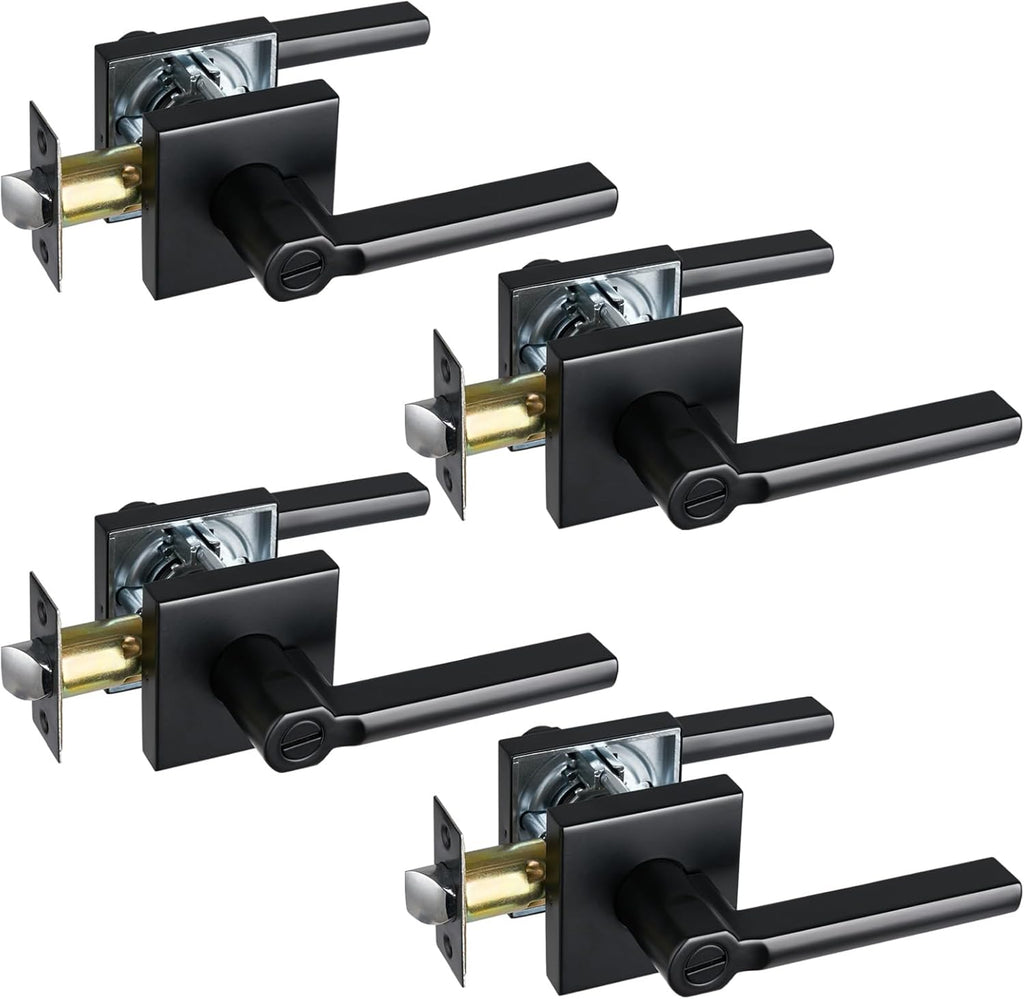 Privacy Door Lever, Heavy Duty Bathroom Bedroom Handle Lock, Keyless Interior Knobs, Matte Black, Reversible for Right&Left Handed, 4Packs