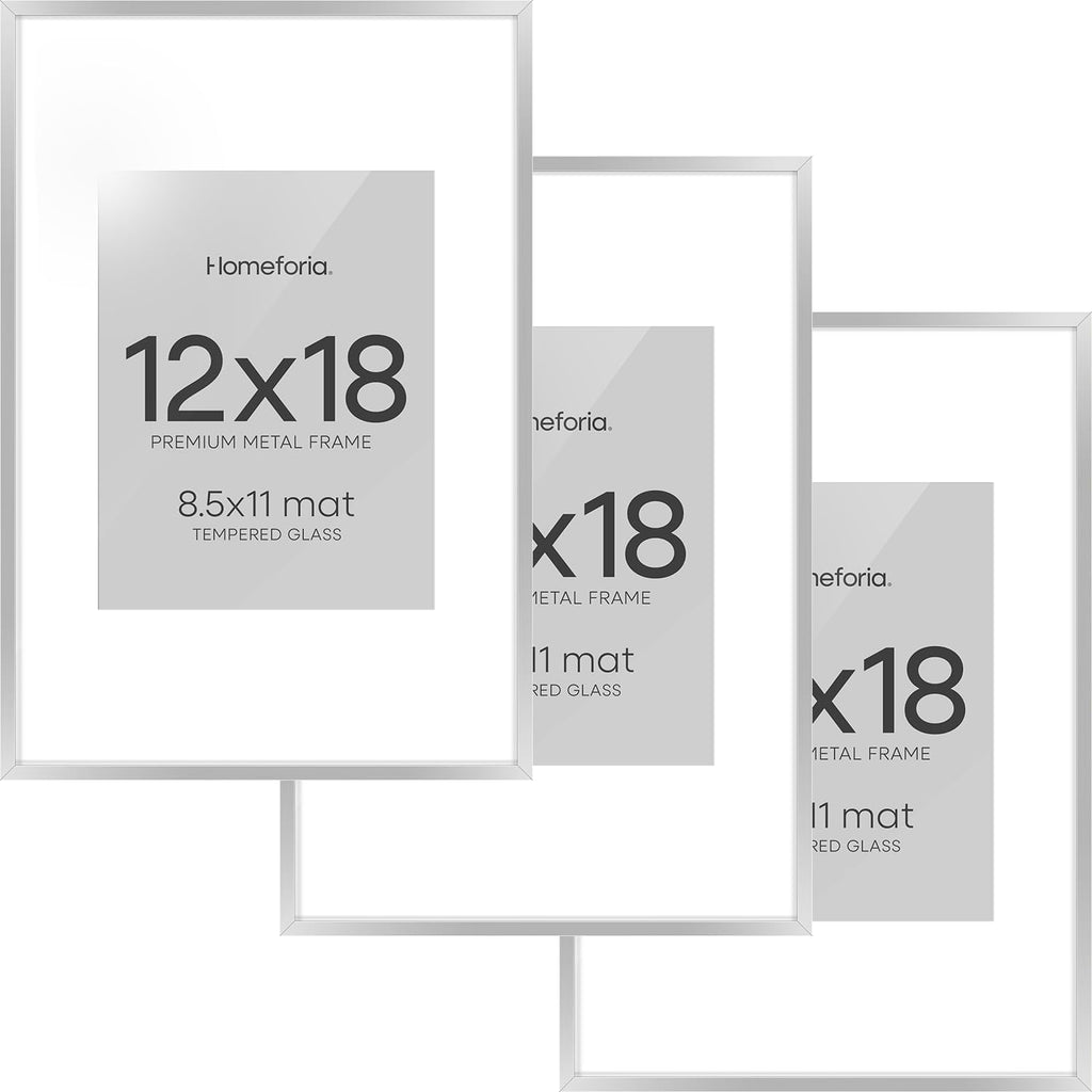 Homeforia 12x18 Silver Frame, High End Metal 12 x 18 Picture Frames with Mat 8.5 x 11 Photo, 18x12 Silver Poster Frame Matted to 11x8.5 Print, 18by12 Hanging Frames, Tempered Glass, Wall Kit, Set of 3