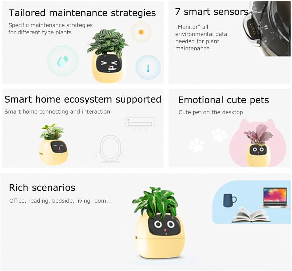 Intelligent flower pot, electronic bud, maintenance plant assistant, fun interactive flower pot, indoor green planting monitoring, LCD screen display, cell phone APP connection (Yellow)