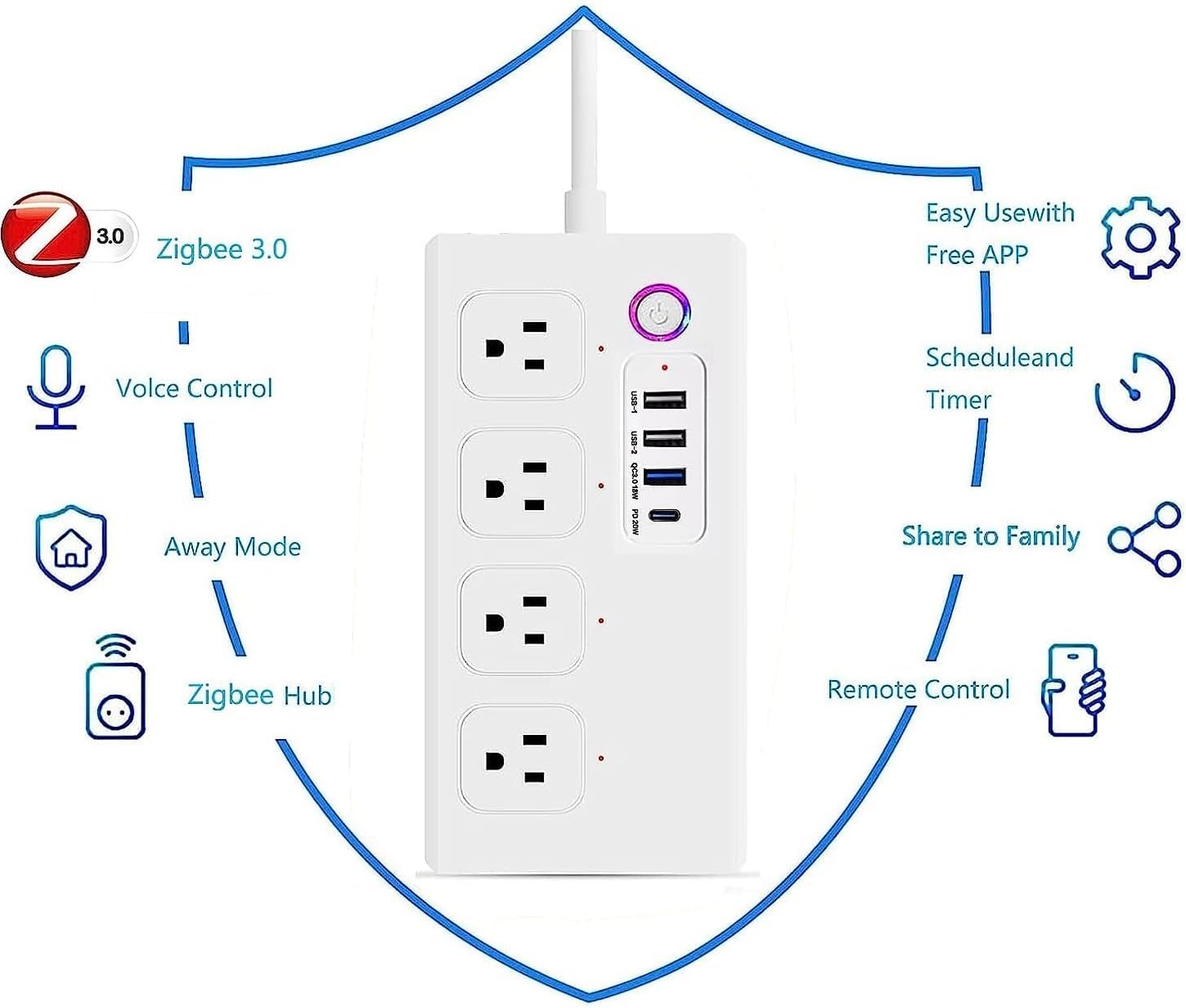 ZigBee Power Strips Surge Protector, USB C Power Strip 20W, Smart Life APP/Timer, 4 Individually Controlled Outlets, Compatible with Alexa Google Home Phillilps HUE, Need ZigBee Gateway Hub