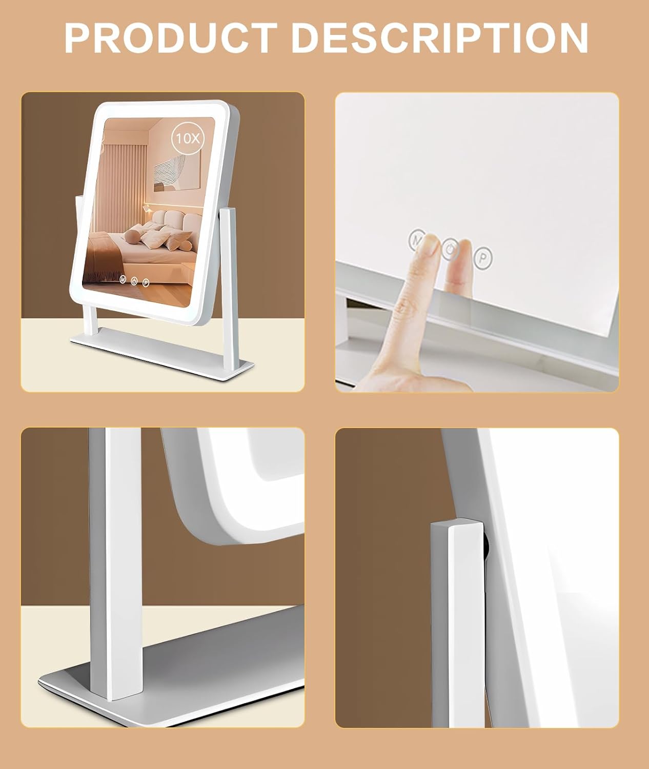 Lighted Makeup Mirror, Hollywood Vanity Mirror, 3 Color Lighting Modes, 360° Rotation, HD Glass Mirror, and 10X Magnification Mirror Smart Touch Control for Home & Travel (White)