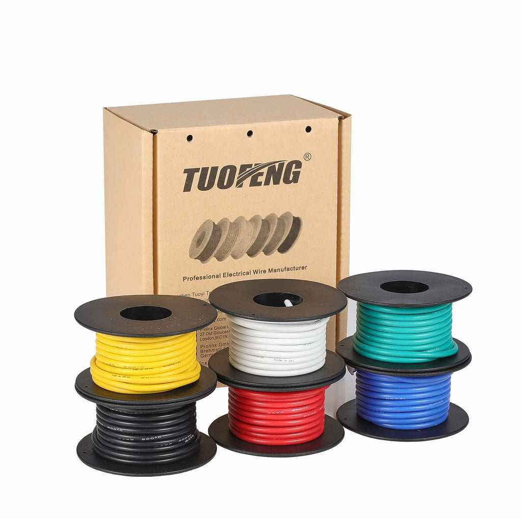 16awg Wire Flexible Silicone Wire,16 Gauge Tinned Copper Wires Silicone Rubber Insulated (6 Different Colored 15ft /4.6m Each)(OD: 3 mm) 600V Stranded Wires Automotive Wiring