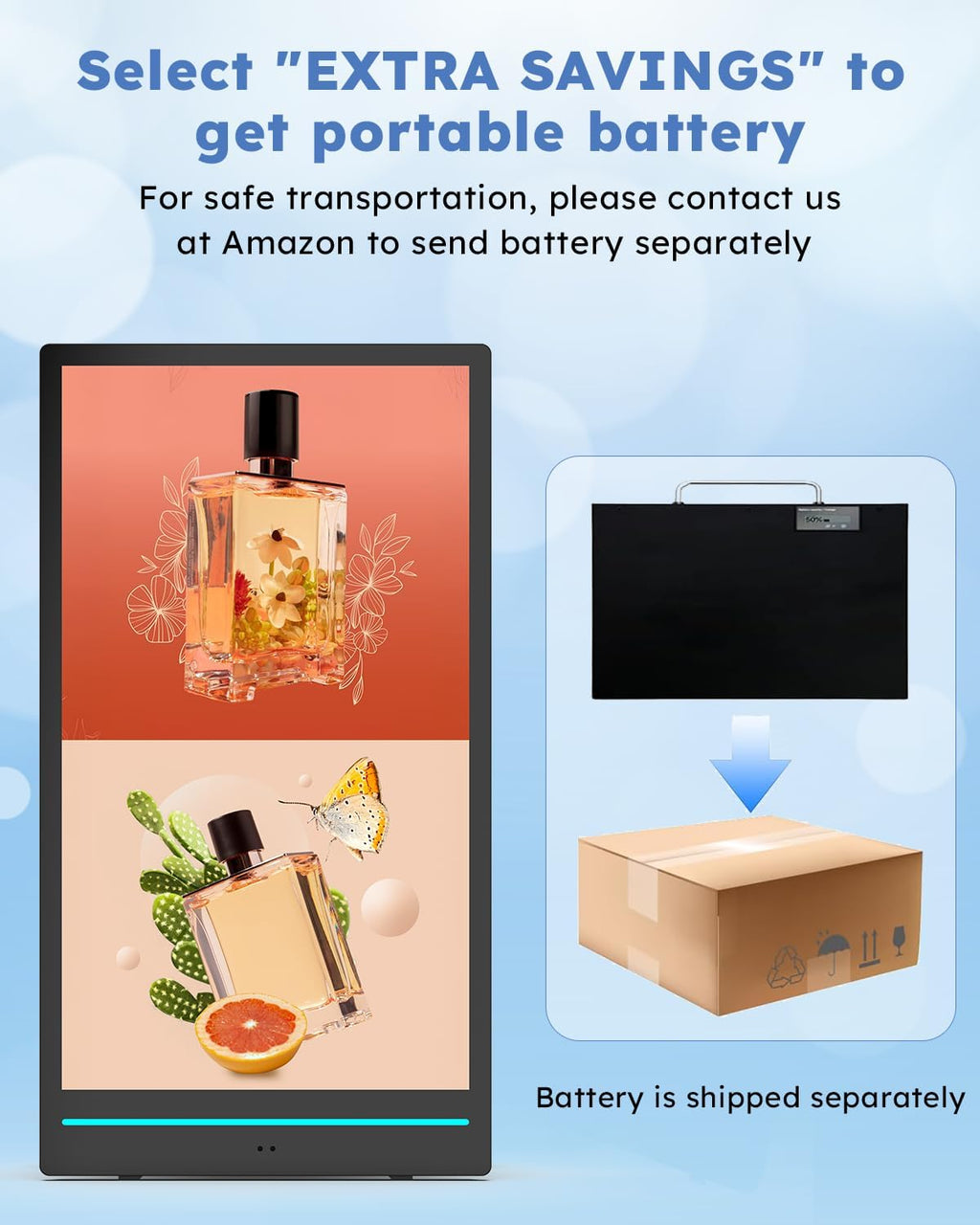 55-inch Rechargeable Portable FHD Outdoor Digital Signage Displays, IP65 Waterproof, Smart LCD Split Screen, Brightness Auto-Adjustment Movable Advertising Kiosk with Android OS