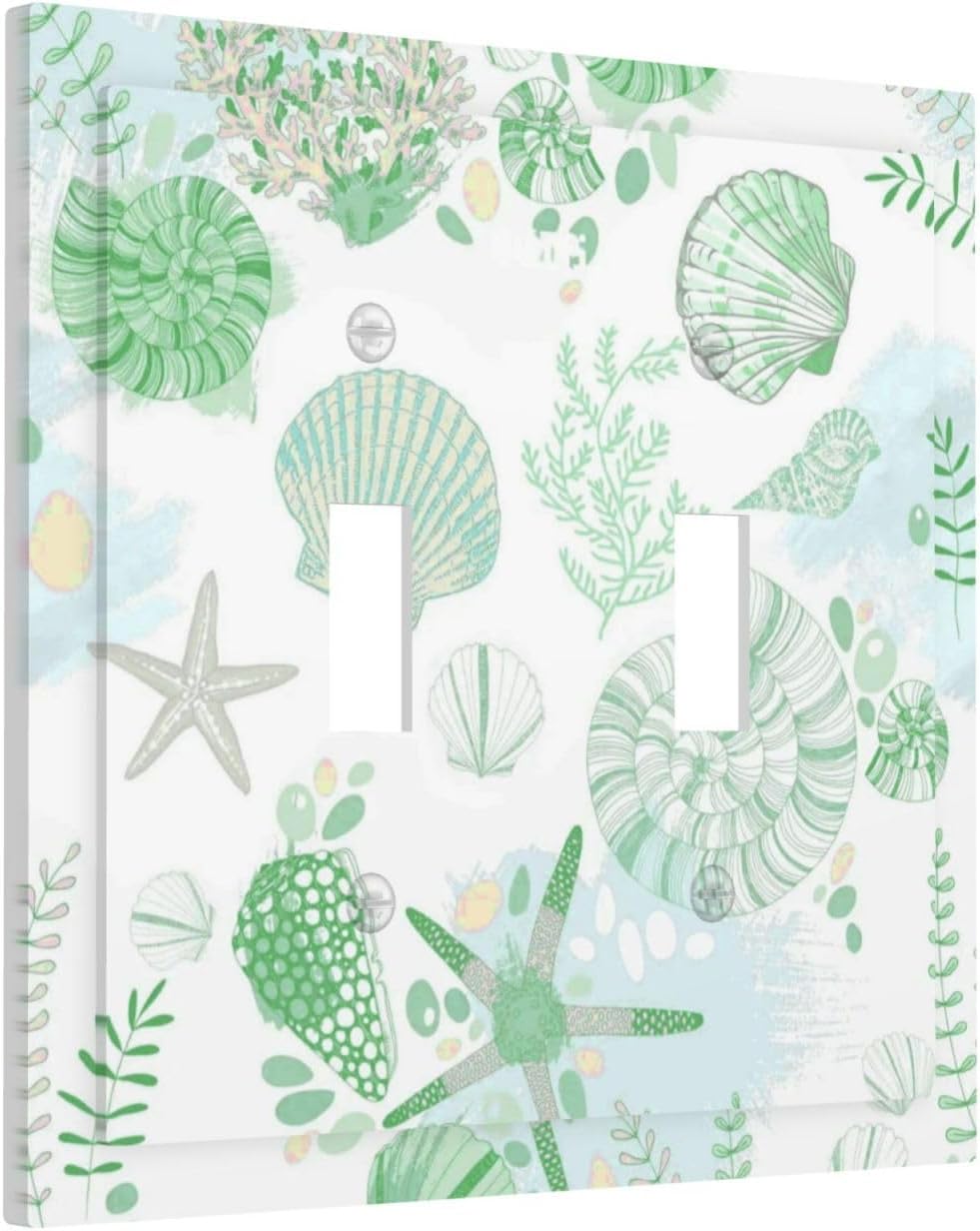 Beach Nautical Starfish Scallop Coral Conch Decorative Switch Plates 2 Gang Double Toggle Outlet Light Switch Cover Wall Plate Electrical Faceplate for Bathroom Home Decor