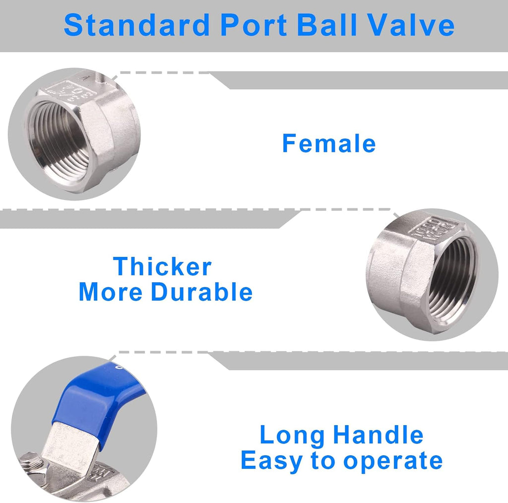 DERNORD Stainless Steel Ball Valve 1PC Type NPT Standard Port for Water, Oil, and Gas (3/4 Inch Ball Valve)